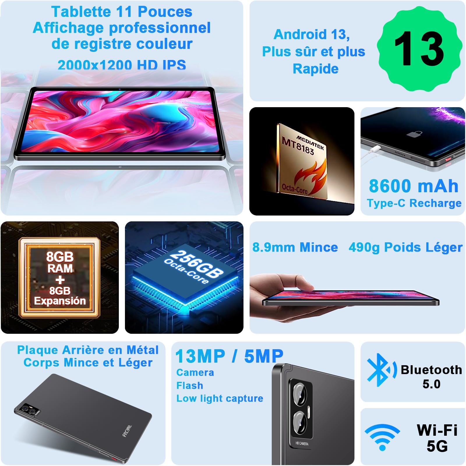 FACETEL 11 Inch Android 13 Tablet - 16GB RAM 256GB ROM (Expandable to 1TB) | 5G WiFi | Octa-Core Processor | 8600mAh Battery | 2000x1200 HD Display | 5MP+13MP Dual Camera - Includes Protective Case (Grey) - Perfect for Work, Study, Streaming & Gaming