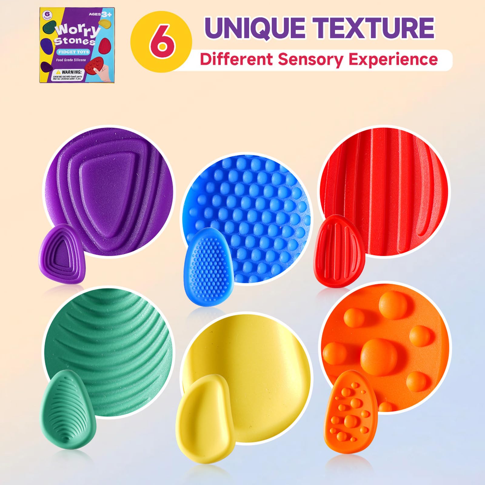 Sensory Fidget Stones Set - 6 Pack Soft Textured Anxiety Relief Toys for Autism, ADHD & Stress - Portable Worry Stones with Storage Box - Perfect for Classroom, Office & Travel - Calming Sensory Toys for Kids & Adults