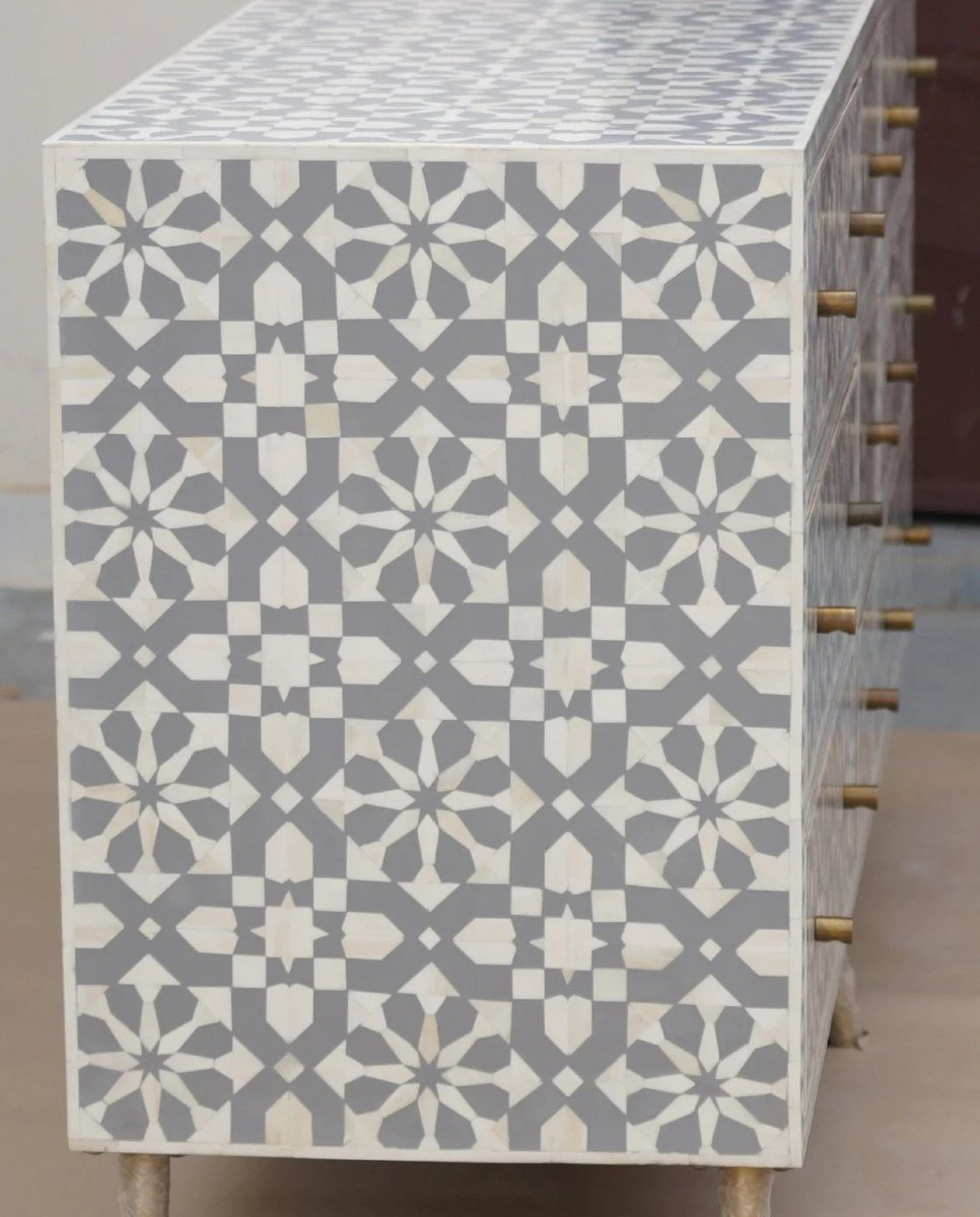 Handmade Gray Bone Inlay Moroccan 9-Drawer Chest | Custom Storage Cabinet for Bedroom, Living Room & Entryway Organization