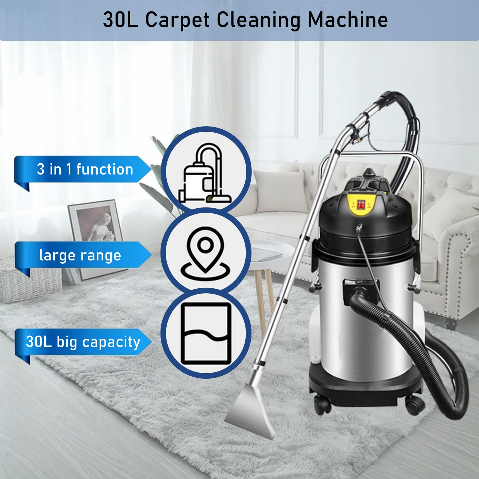 INTSUPERMAI 1000W Commercial Carpet Cleaning Machine - 3-in-1 Wet/Dry Vacuum Extractor with 30L Capacity - Perfect for Deep Cleaning Carpets, Upholstery, and Hard Floors in Homes, Offices & Hotels
