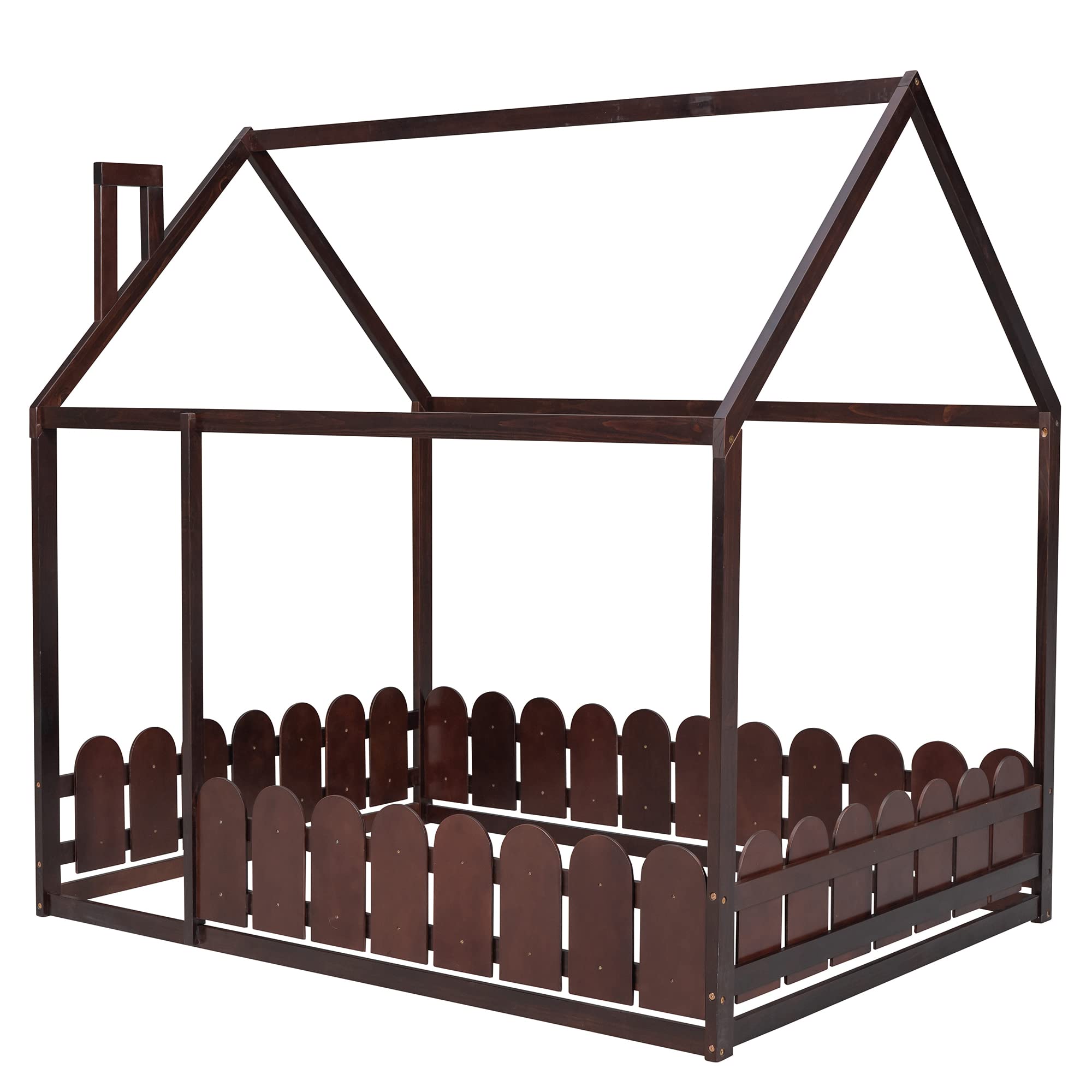 P PURLOVE Full Size Wooden House Bed Frame with Fence-Style Guardrails - No Slats Included - Espresso Finish - Perfect for Kids, Teens, Boys & Girls Bedrooms, Playrooms or Nursery Decor