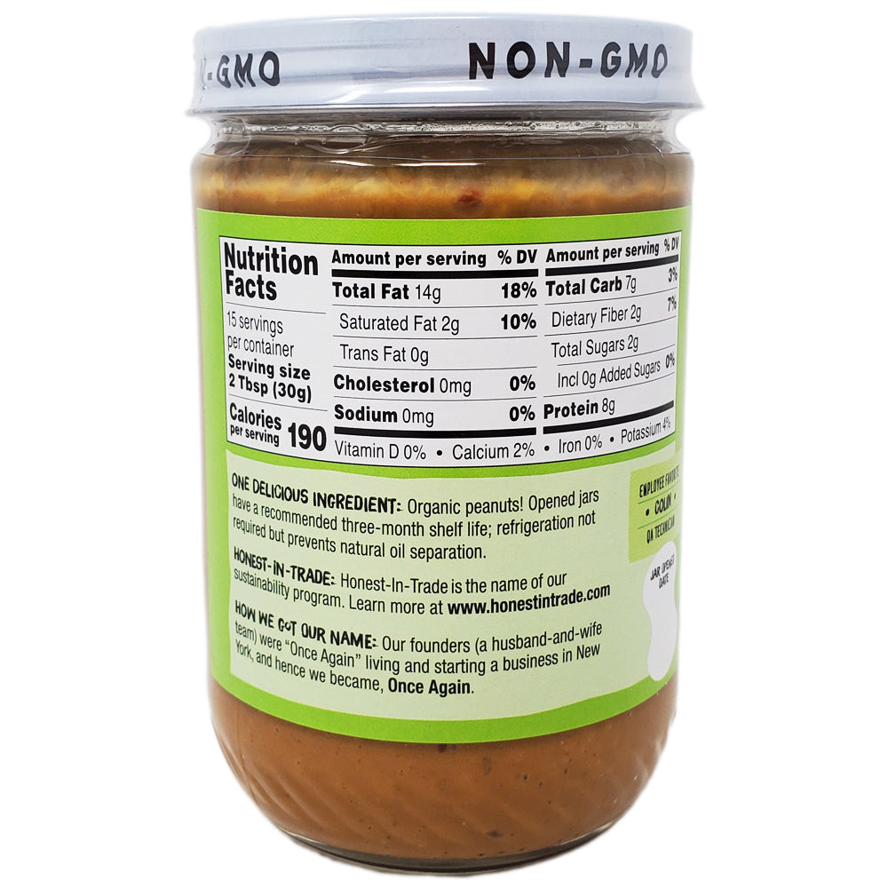 Once Again Organic Crunchy Peanut Butter - No Salt Added, 16oz Jar | Healthy Snack for Sandwiches, Smoothies & Baking | USDA Certified, Gluten-Free, Vegan-Friendly