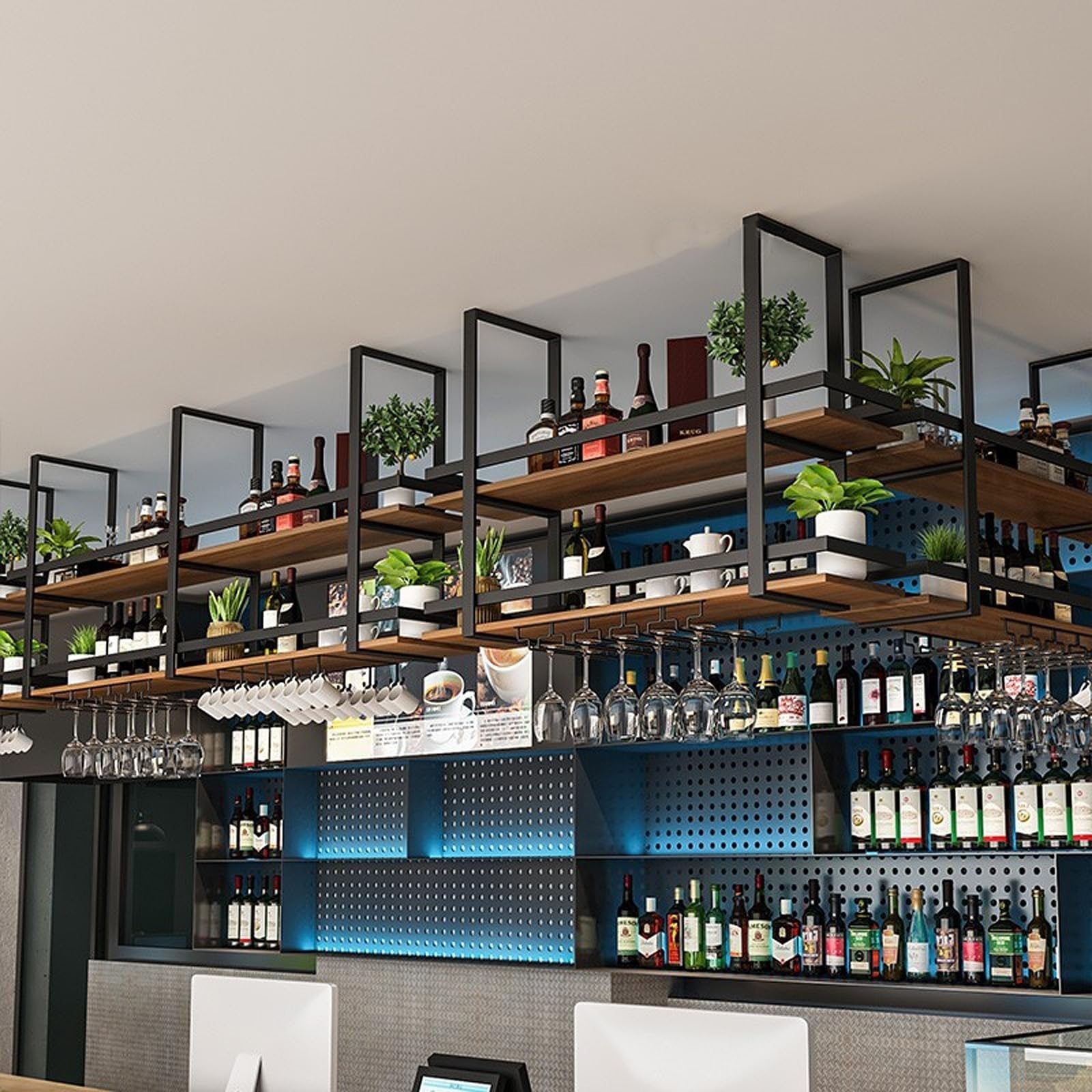 Hanging Wine Glass Rack - Solid Wood Ceiling Wine Shelf with Guard Rails, Wall Mounted Kitchen Storage for Wine Glasses (80x30x80cm) - Perfect for Kitchen, Bar, Loft & Home Decor