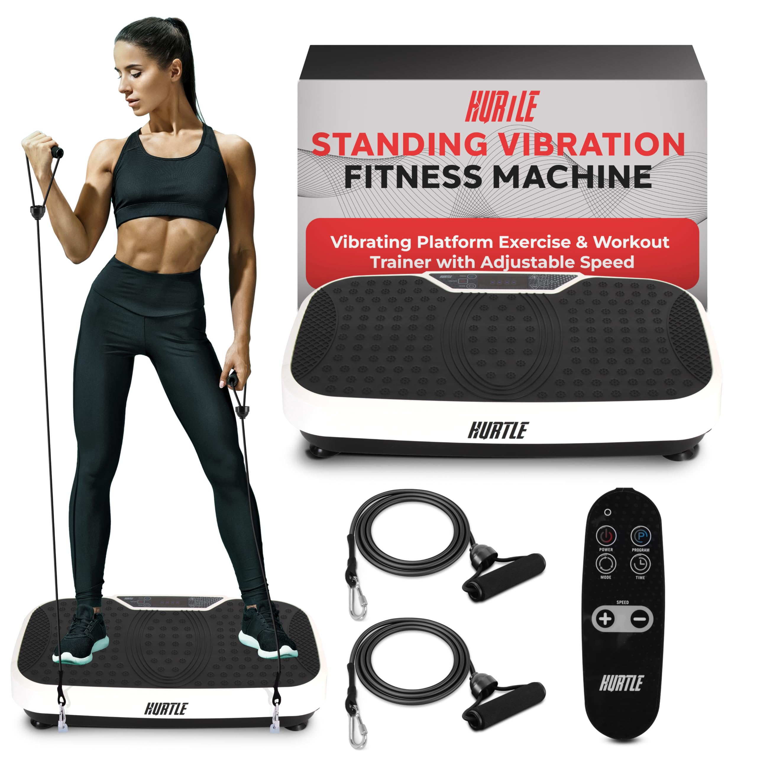 Hurtle Fitness Vibration Platform Machine - Whole Body Workout Trainer for Home Gym with Resistance Bands, Adjustable Speed & Wheels for Easy Transport | Ideal for Weight Loss, Toning & Recovery Exercises