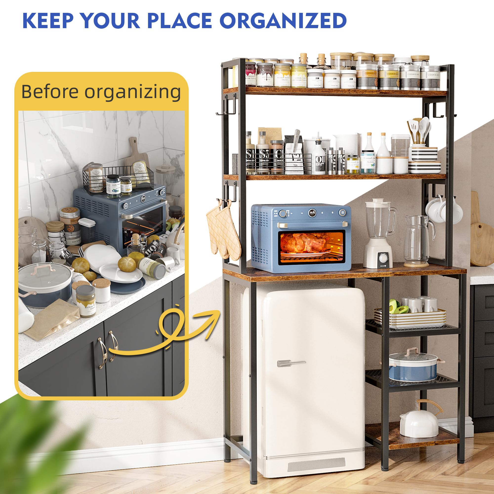 EnHomee 3-Tier Bakers Rack with Storage Shelves - Microwave Stand, Coffee Bar Cabinet for Kitchen - Space Saving Kitchen Organizer with Easy Assembly - Perfect for Small Kitchens, Apartments & Dorm Rooms