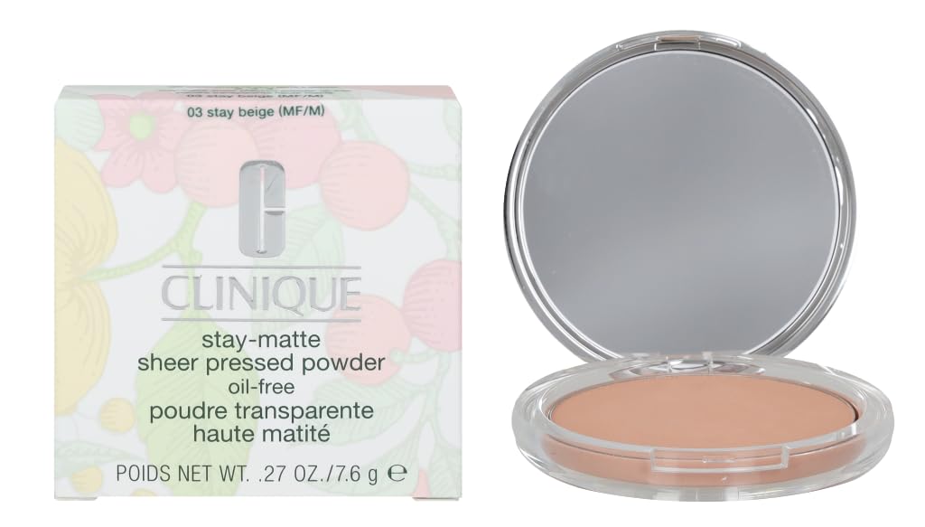Clinique Stay Matte Sheer Pressed Powder - Oil-Free, Shine Control, 03 Stay Beige, 7.6g | Perfect for Oily Skin & All-Day Matte Finish | Great for Work, Date Night & Travel Touch-Ups