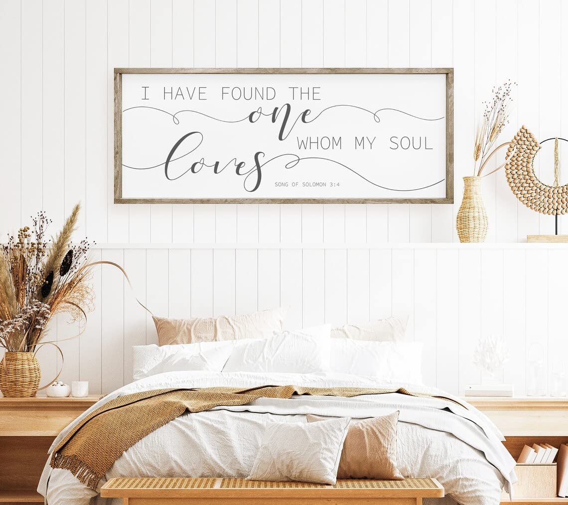 Song of Solomon Love Sign - 'I Have Found The One Whom My Soul Loves' Wall Decor - 20x40 Inch Bedroom Sign for Above Bed - Rustic Master Bedroom Decor - Perfect for Wedding Gifts & Couples' Bedroom