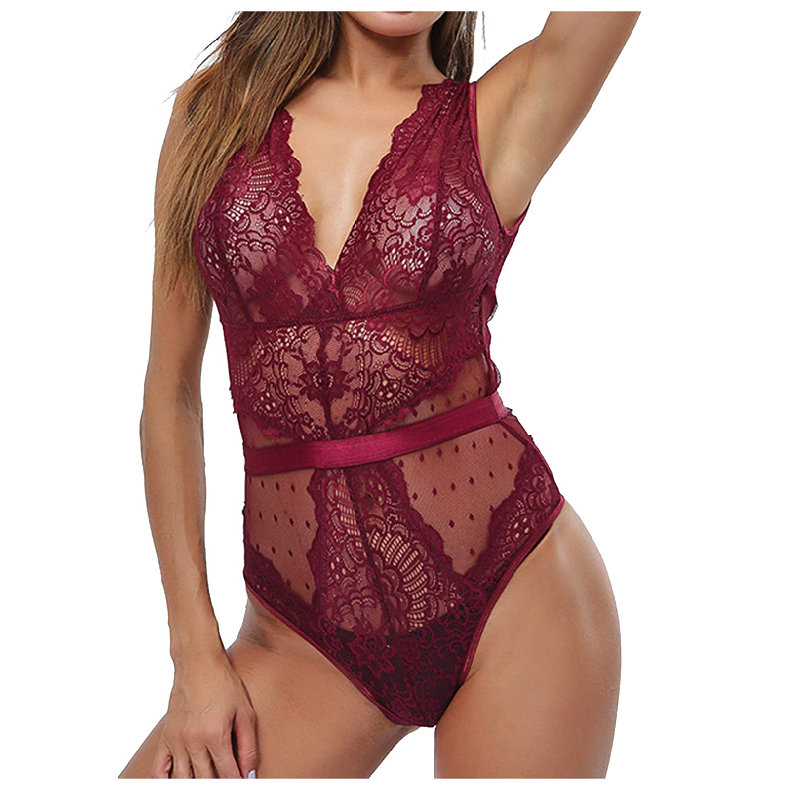 Sexy Transparent Bra Onesie - Deep V Lace Lingerie Set for Women (2-Piece, Wine, Medium) | Comfortable & Alluring Underwear for Date Nights & Special Occasions