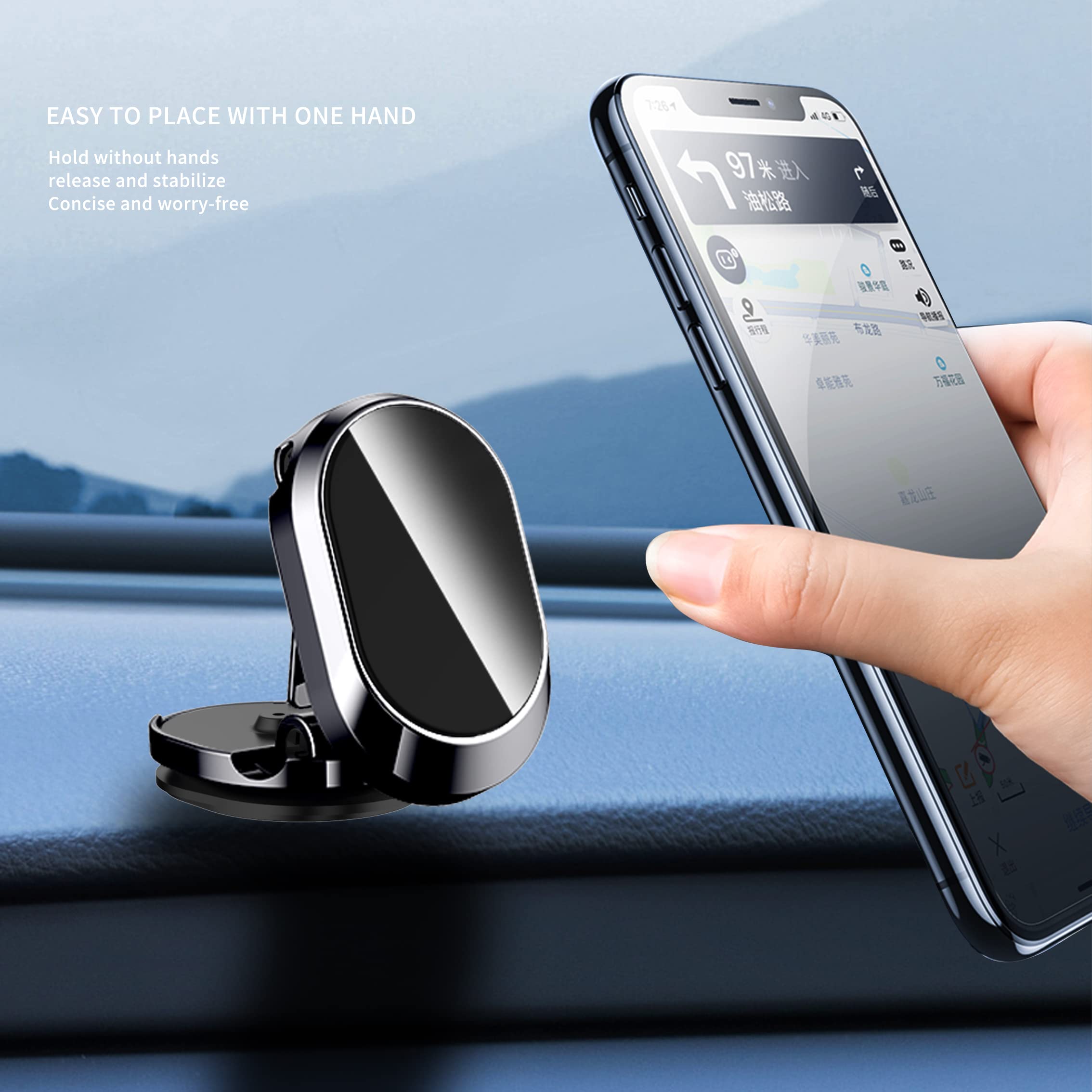 Magnetic Car Phone Holder - 360° Rotating Foldable Dashboard Phone Mount for iPhone, Samsung, LG & All Smartphones | Secure Hands-Free Driving | Perfect for Commuting, Road Trips & GPS Navigation (Black)