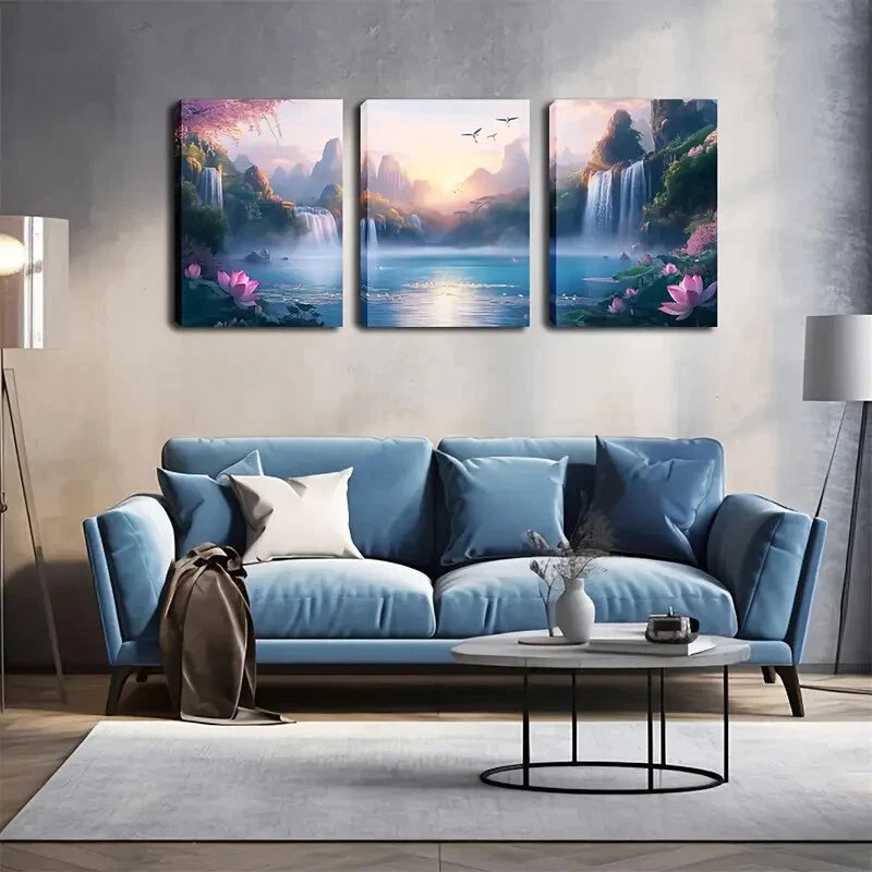 3-Piece Serene Waterfall & Mountain Landscape Wall Art Set - Framed Canvas Prints 50x70cm - High Quality Australian Made Wall Decor - Perfect for Living Room, Bedroom & Office Decor