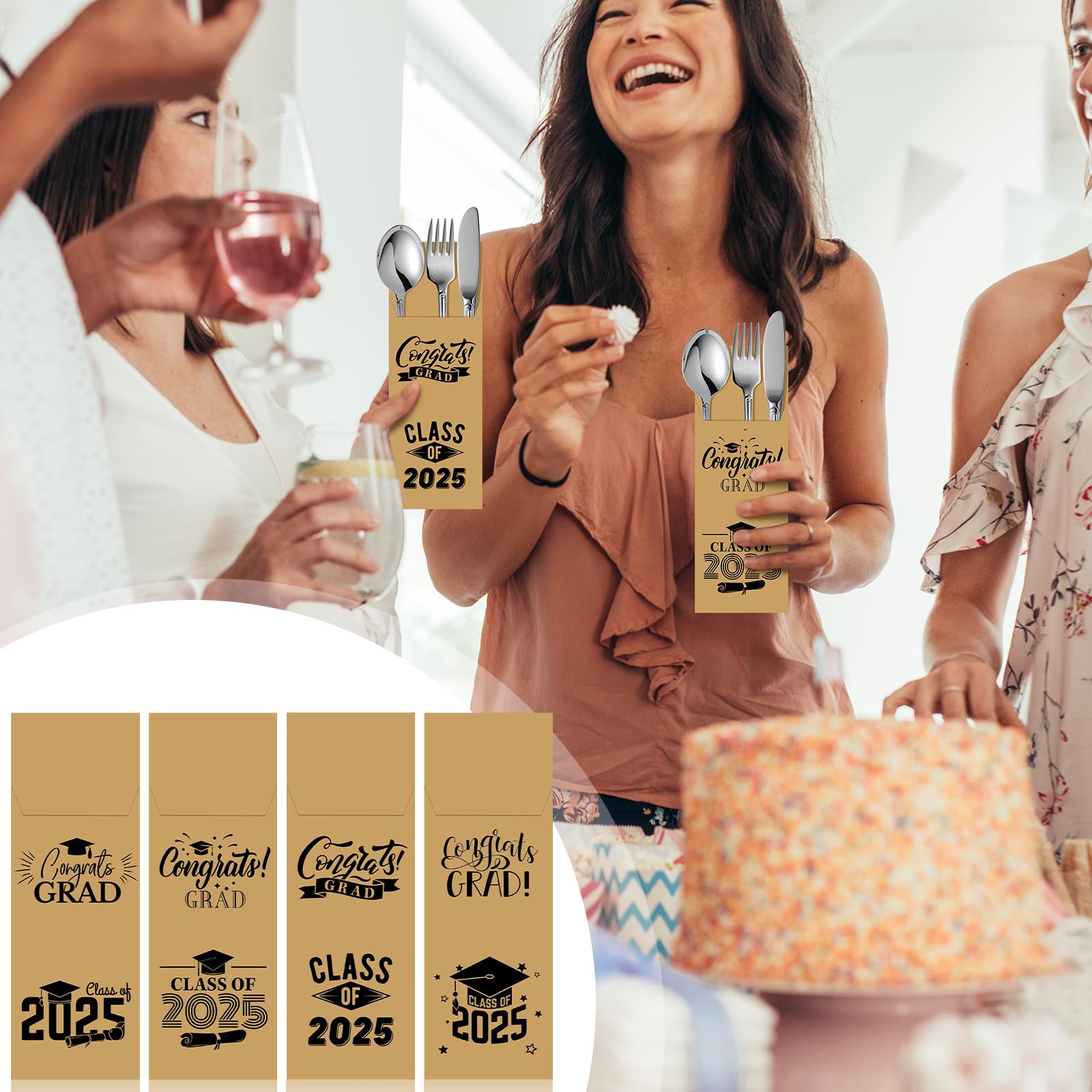 TaoBary 100-Pack Class of 2025 Graduation Party Supplies - Eco-Friendly Kraft Paper Silverware Bags, Disposable Utensil Holders & Cutlery Sleeves for College & High School Celebrations - Perfect for Graduation Gifts, Buffets & Catering Events