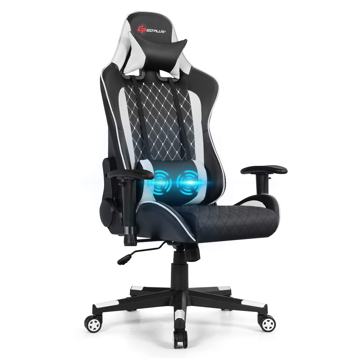 POWERSTONE Ergonomic Gaming Chair with Adjustable Armrests, Massage Lumbar Support & Wide Seat Cushion - Reclining Office Computer Chair for Adults - Perfect for Gaming, Working & Home Office (White)