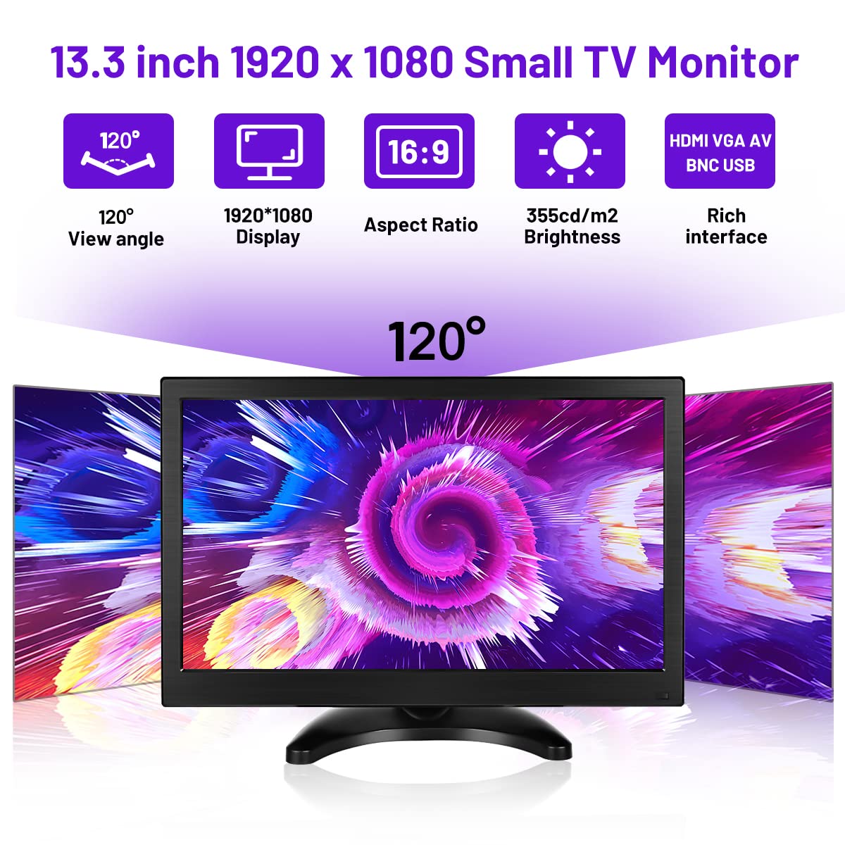 Hikity 13.3 Inch Full HD 1080P Security Monitor with HDMI/VGA/BNC/AV Inputs, Built-in Speakers & Remote Control - Portable Display for CCTV Surveillance, Gaming Consoles (Xbox, Raspberry Pi), Home & Office Security Systems - Ideal for Monitoring, Multi-Screen Setups & Compact Workspaces