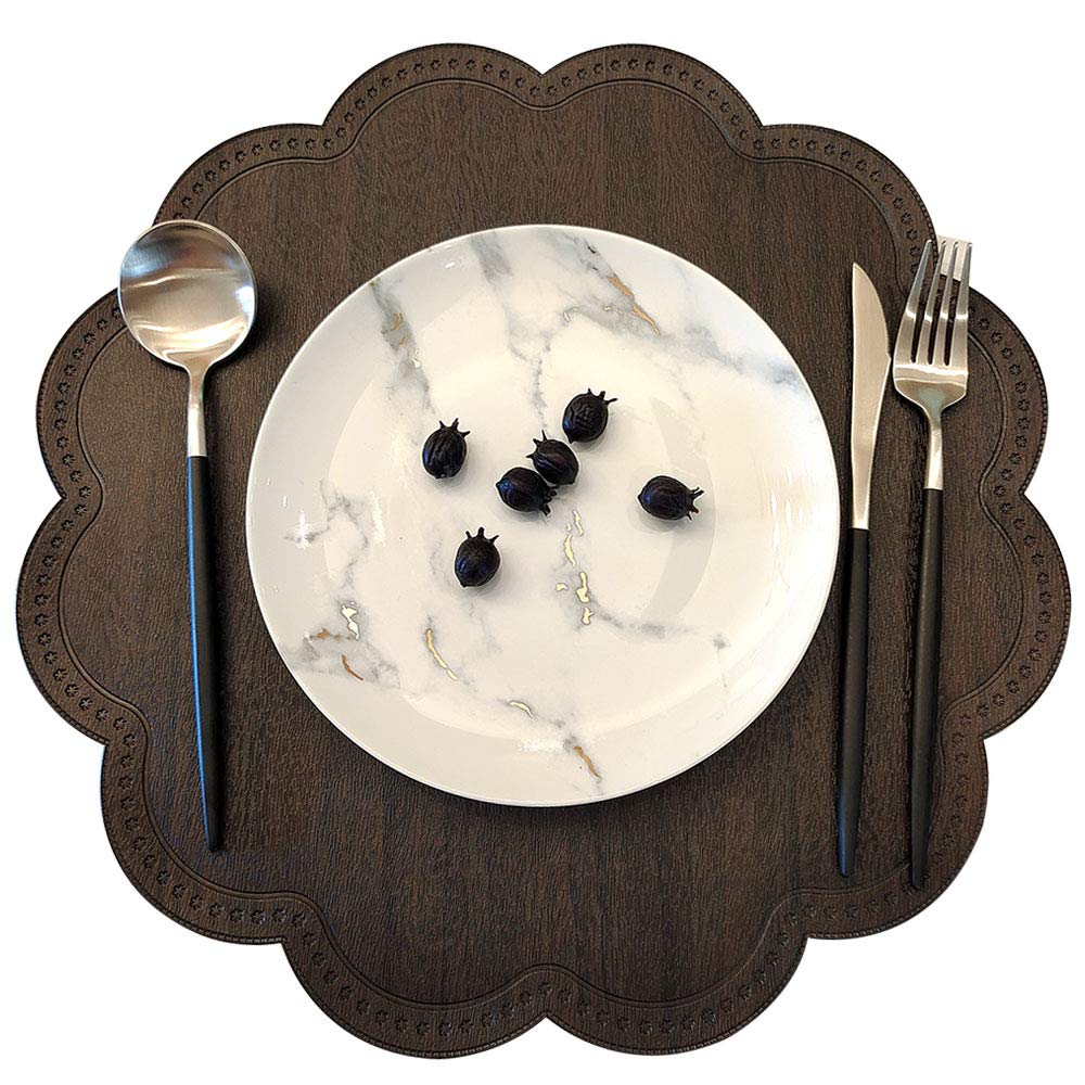 Modern Round Waterproof Placemats Set of 6 - Non-Slip Washable PU Table Mats for Dining Table, Kitchen & Home Decor (Wood Black) - Perfect for Everyday Meals, Dinner Parties & Spill Protection