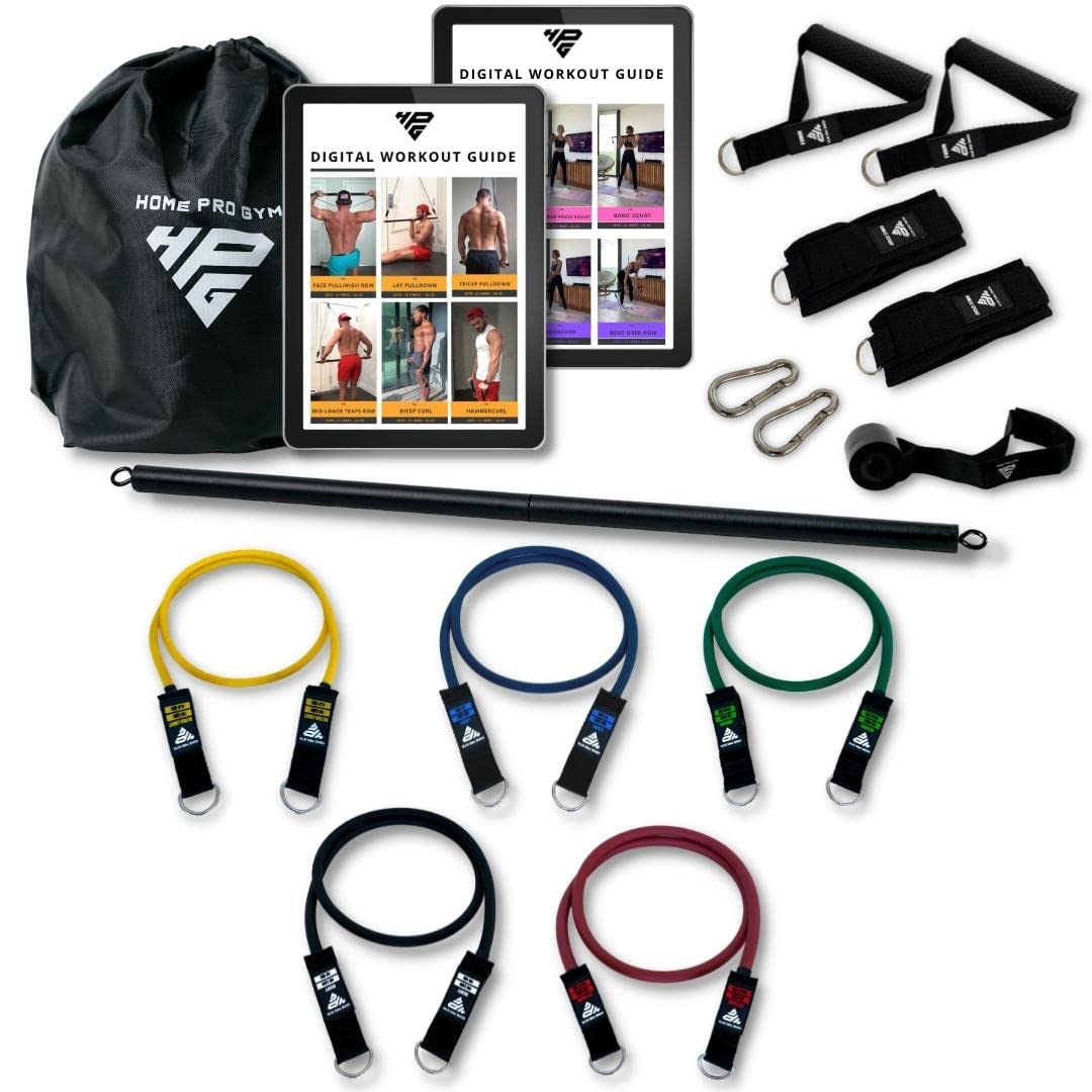 Premium Stackable Resistance Band Set - 5 Bands Up to 450LBS, Includes Band Bar, Ergonomic Handles, Heavy-Duty Door Anchor & Padded Ankle Straps with Digital Workout Guide - Perfect for Home Gym, Strength Training & Physical Therapy
