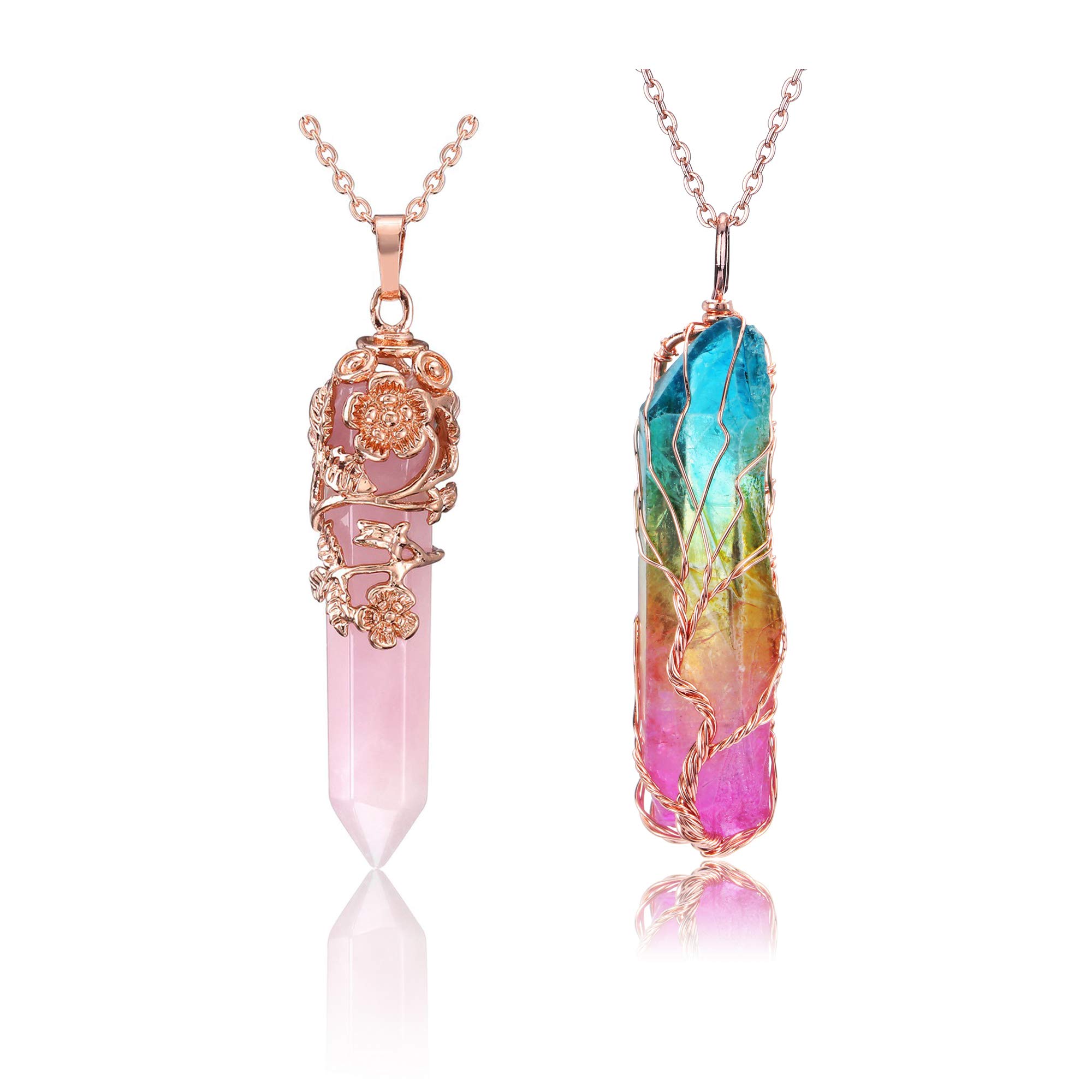 Jovivi 2-Piece Crystal Necklace Set - Rose Gold Plated Rose Flower Wrapped Natural Rose Quartz & Titanium Coated Rainbow Rock Quartz Chakra Necklaces for Healing, Energy Balancing & Spiritual Wellness | Perfect for Meditation, Yoga, Reiki & Gift Giving