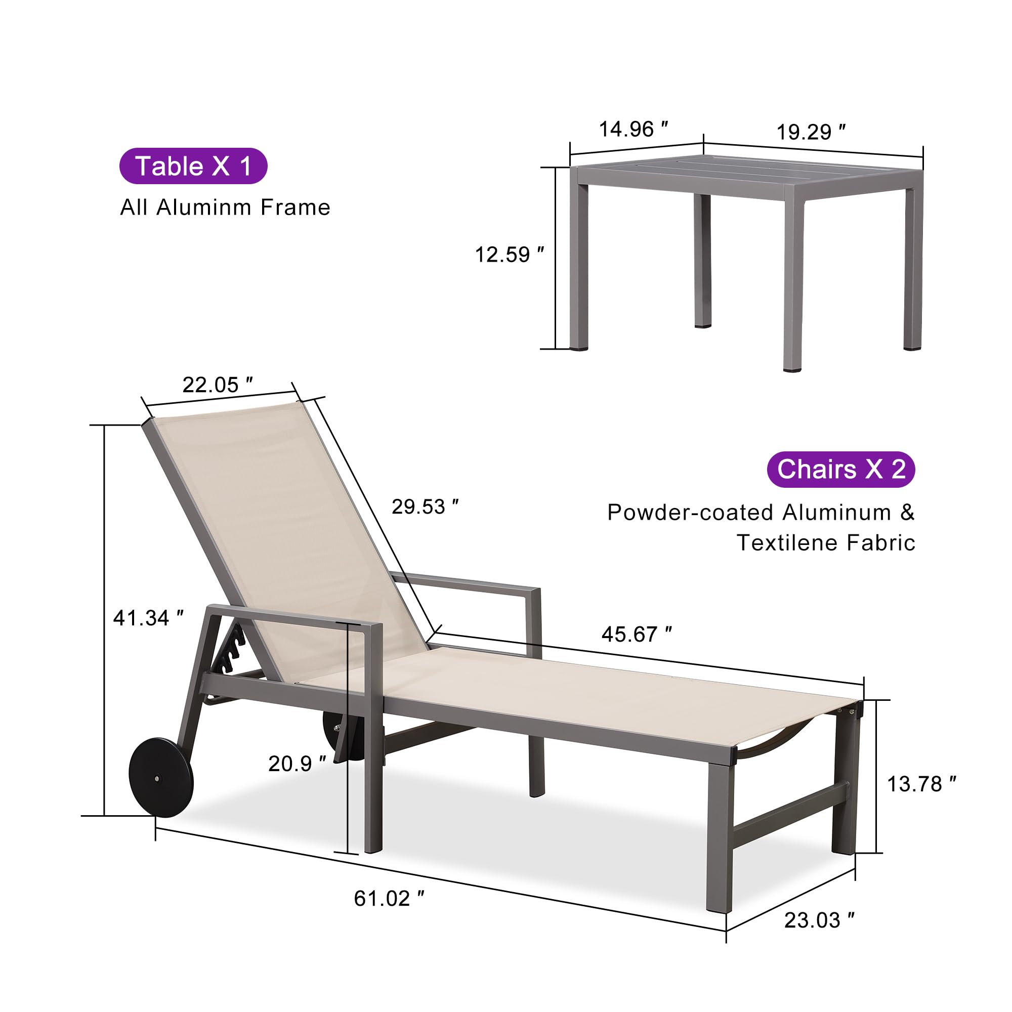 PURPLE LEAF 2-Piece Outdoor Chaise Lounge Set - Adjustable Aluminum Patio Chairs with Armrests & Wheels for Poolside, Beach & Backyard - Includes Side Table (Khaki)