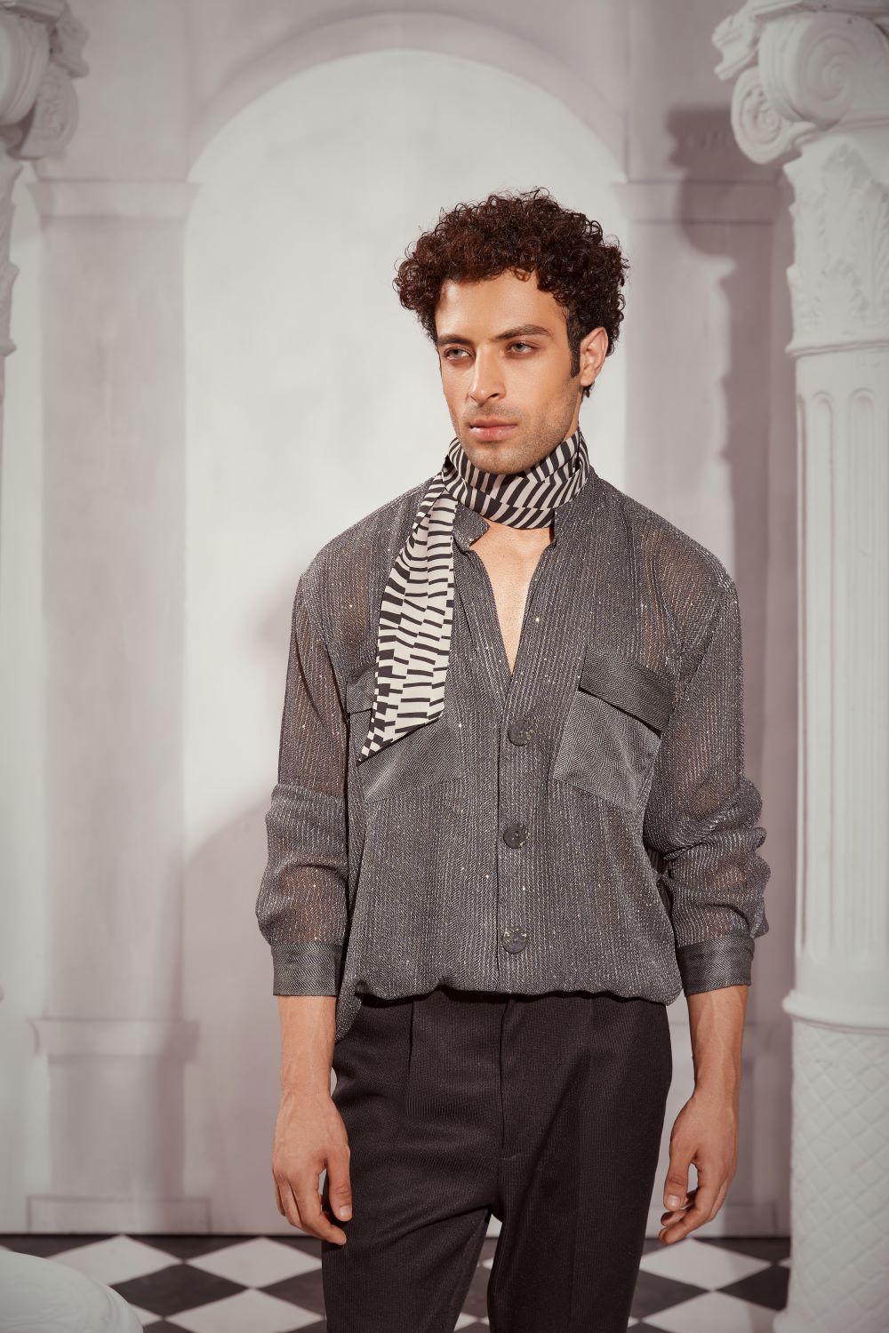Stylish Grey Tweed Print Oversized Button Down Shirt for Women - Casual Chic Office Wear & Layering Essential