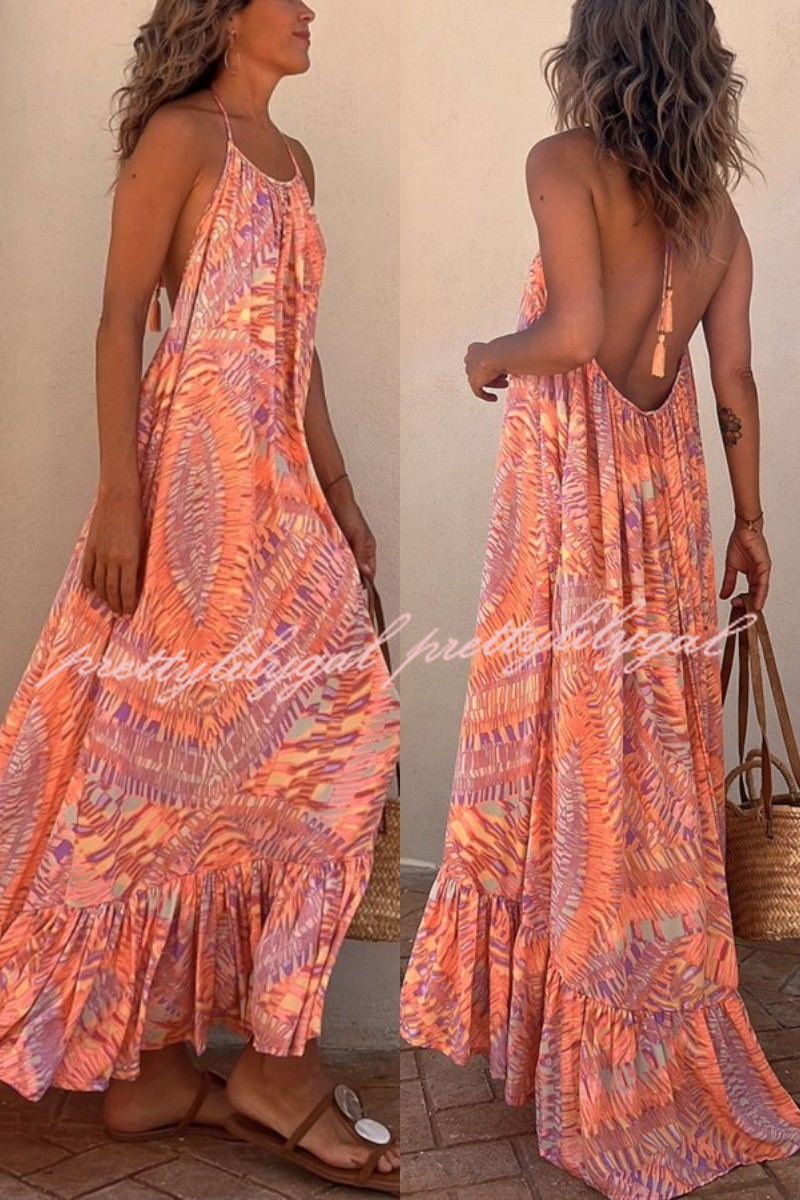 Sunita Ethnic Print A-Line Halter Tassel Maxi Dress for Women | Boho Summer Beach Vacation Dress | Perfect for Parties, Weddings & Tropical Getaways