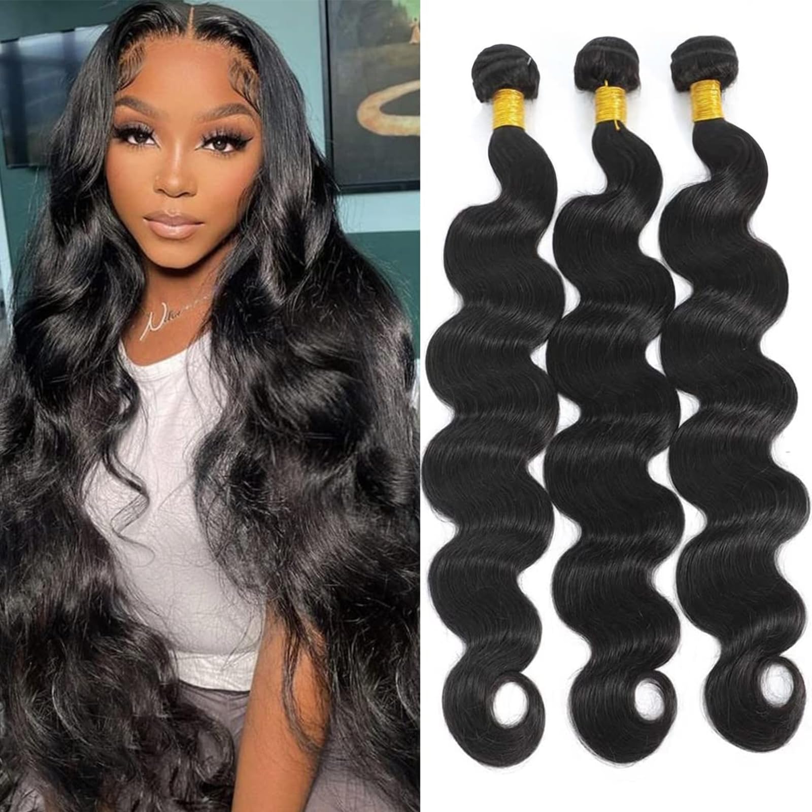 Brazilian Body Wave Human Hair Bundles - 3 Bundles 24 26 28 Inch Mixed Length - 100% Unprocessed Virgin Hair Weave - Natural Black Hair Extensions for Styling & Volume - Perfect for Daily Wear, Parties & Special Occasions