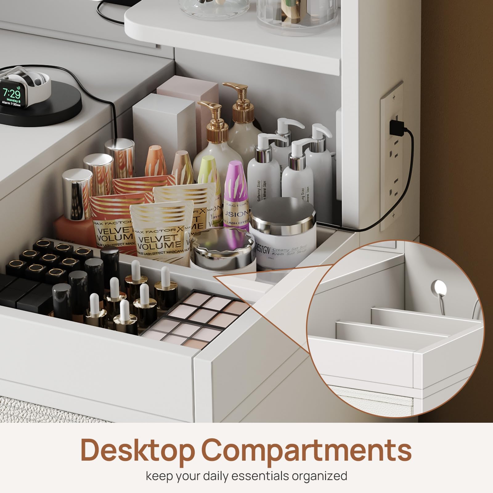 GREENSTELL White Vanity Makeup Desk with LED Lights & Mirror - 32.6