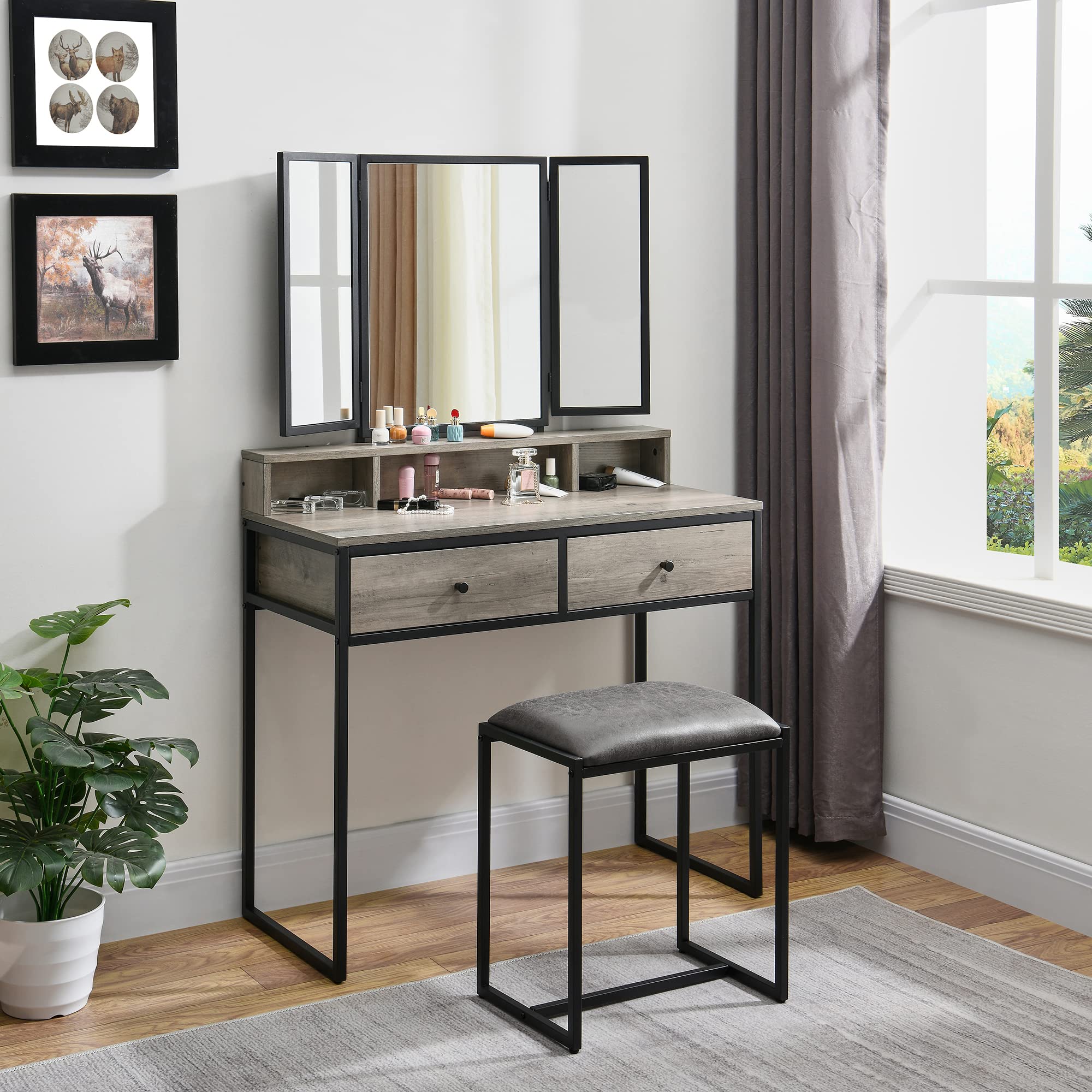 MODERION Vanity Table with Upholstered Stool Set - White Dressing Table Desk with 2 Drawers & Large Mirror | Perfect for Bedroom, Makeup Vanity & Beauty Salon Organization