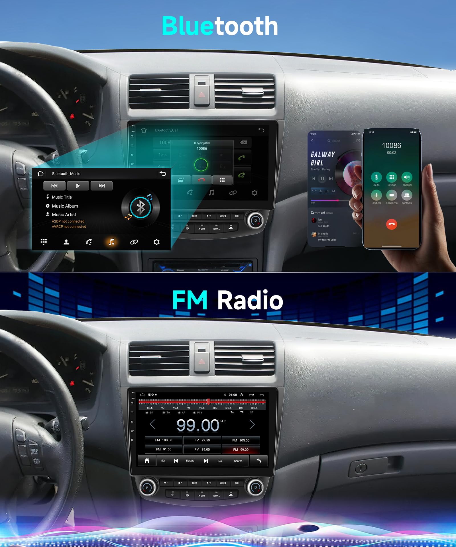 Podofo 10.1 Inch HD IPS Touch Screen Car Stereo for 2003-2007 Honda Accord 7th Gen - Wireless Apple CarPlay & Android Auto, GPS Navigation, Bluetooth, WiFi, HiFi/16 EQ, MirrorLink, FM Radio with Backup Camera | Perfect for Road Trips & Daily Commuting