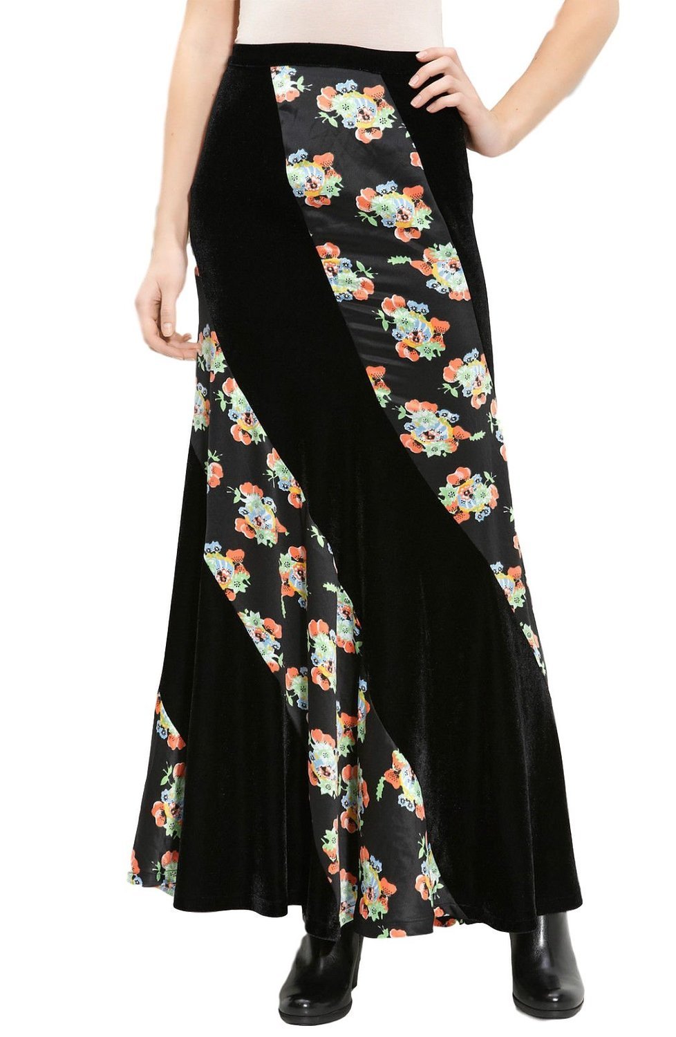 Free People Twisted Velvet & Satin Maxi Dress Skirt - Black Floral Print | Boho Chic Women's Long Dress for Weddings, Parties & Special Occasions