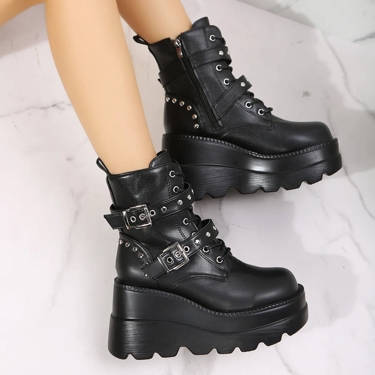 Trendy Thick Sole Short Boots with Belt Buckle - Punk Rock Ankle Boots for Women | Black Martin Boots for Casual Outfits, Concerts & Night Out