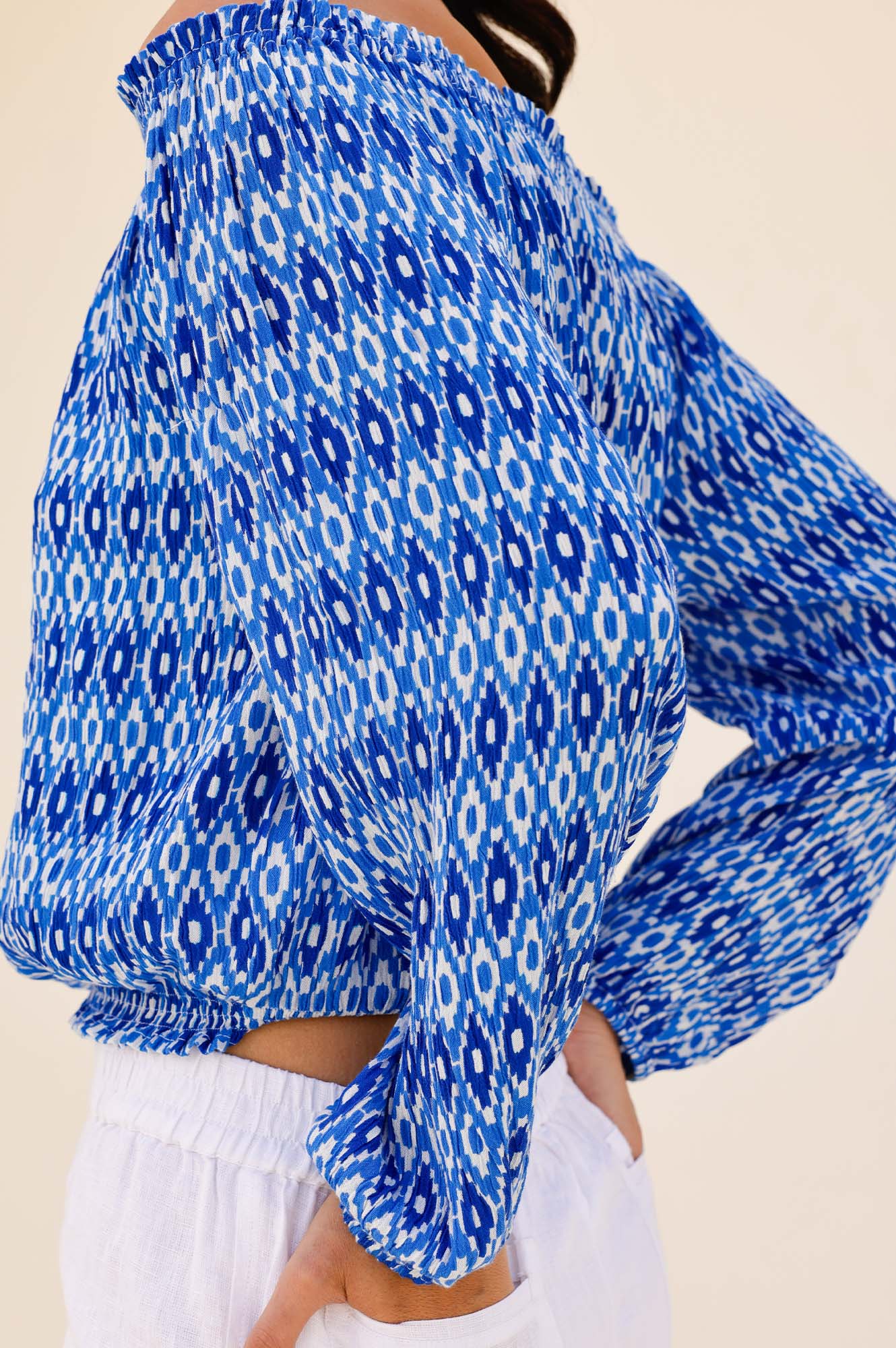 Ilana Long Sleeve Frill Top Women's Blouse - Aztec Blue & White Boho Chic Shirt for Casual Wear, Date Night & Office Outfits