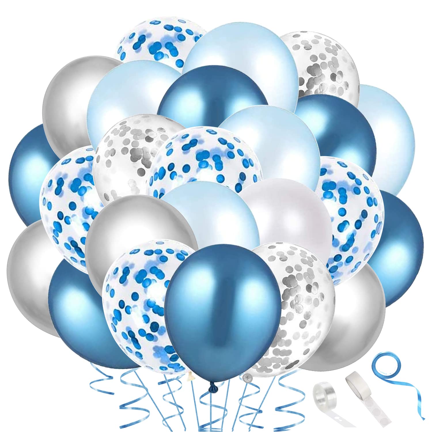 60 PCS Blue Silver White Confetti Balloons 12 Inch - Metallic Party Balloons for Birthday, Baby Shower, Graduation Decorations - Perfect for Indoor & Outdoor Celebrations, Photo Backdrops, and Event Decor