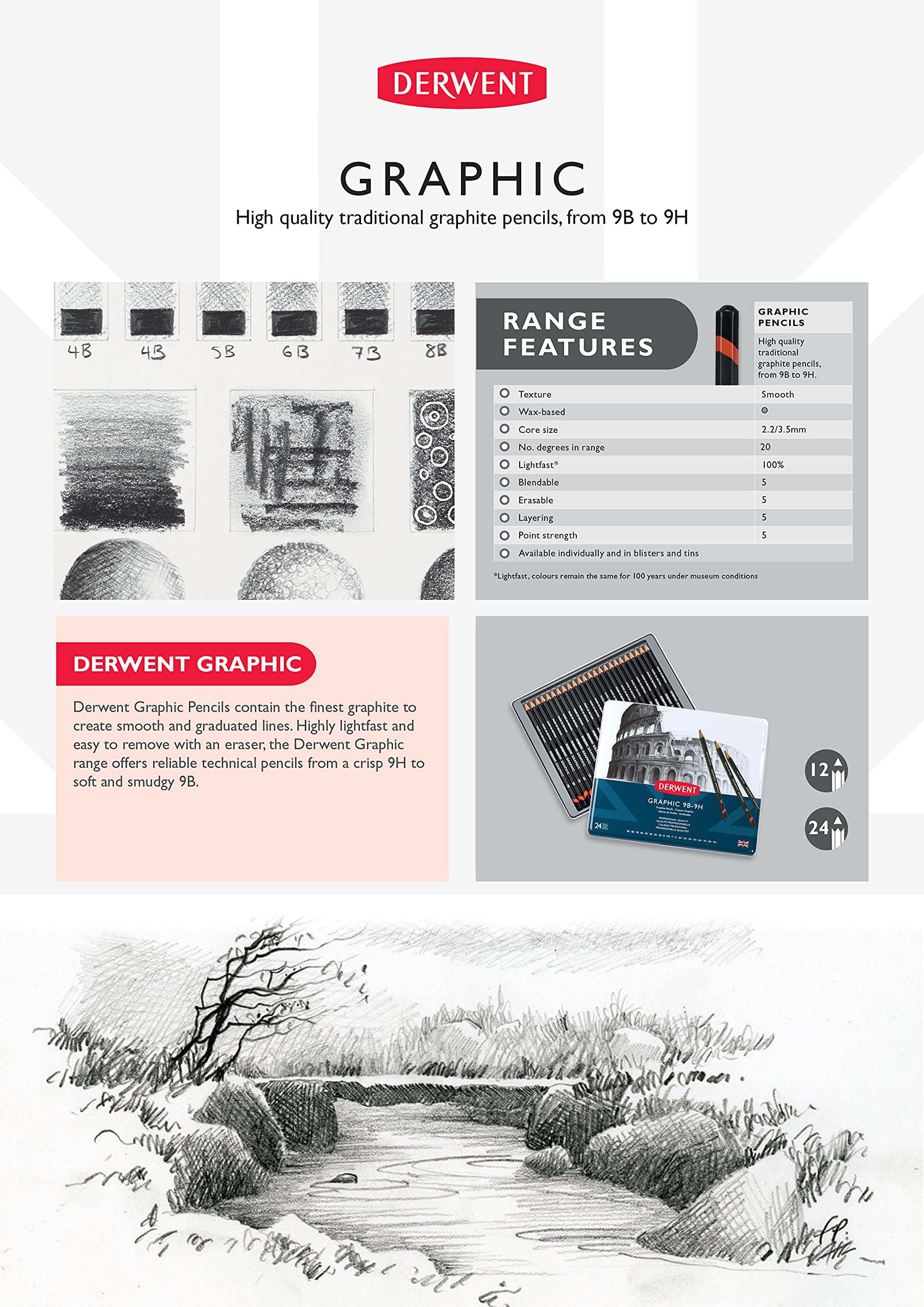 Derwent Graphic Pencils Set - 24 Premium Artist Drawing Pencils in Metal Tin (34202) - Perfect for Sketching, Shading & Professional Artwork