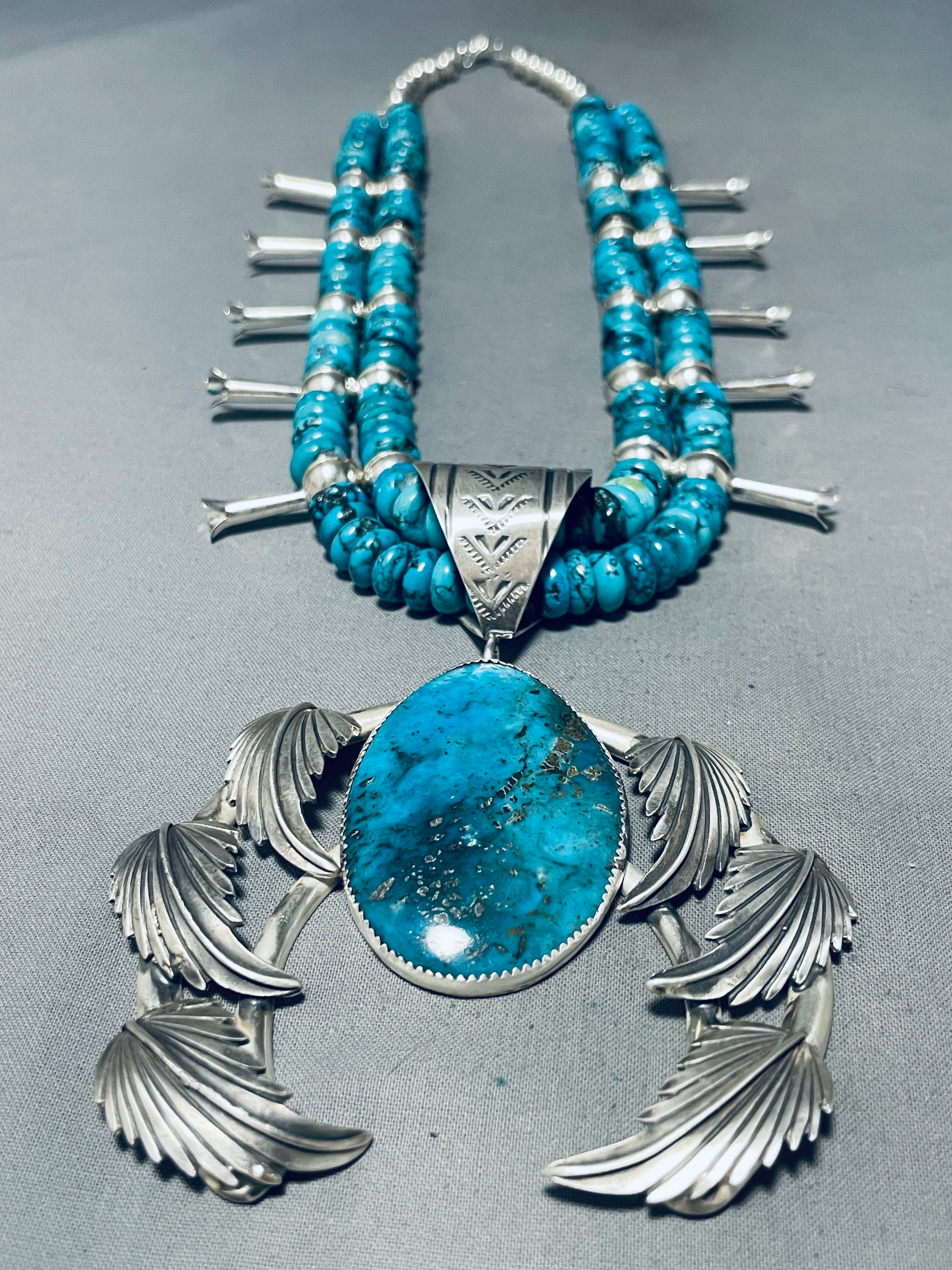 202 Gram Authentic Native American Navajo Turquoise Sterling Silver Squash Blossom Necklace - Handcrafted Jewelry for Women, Boho Fashion & Special Occasions