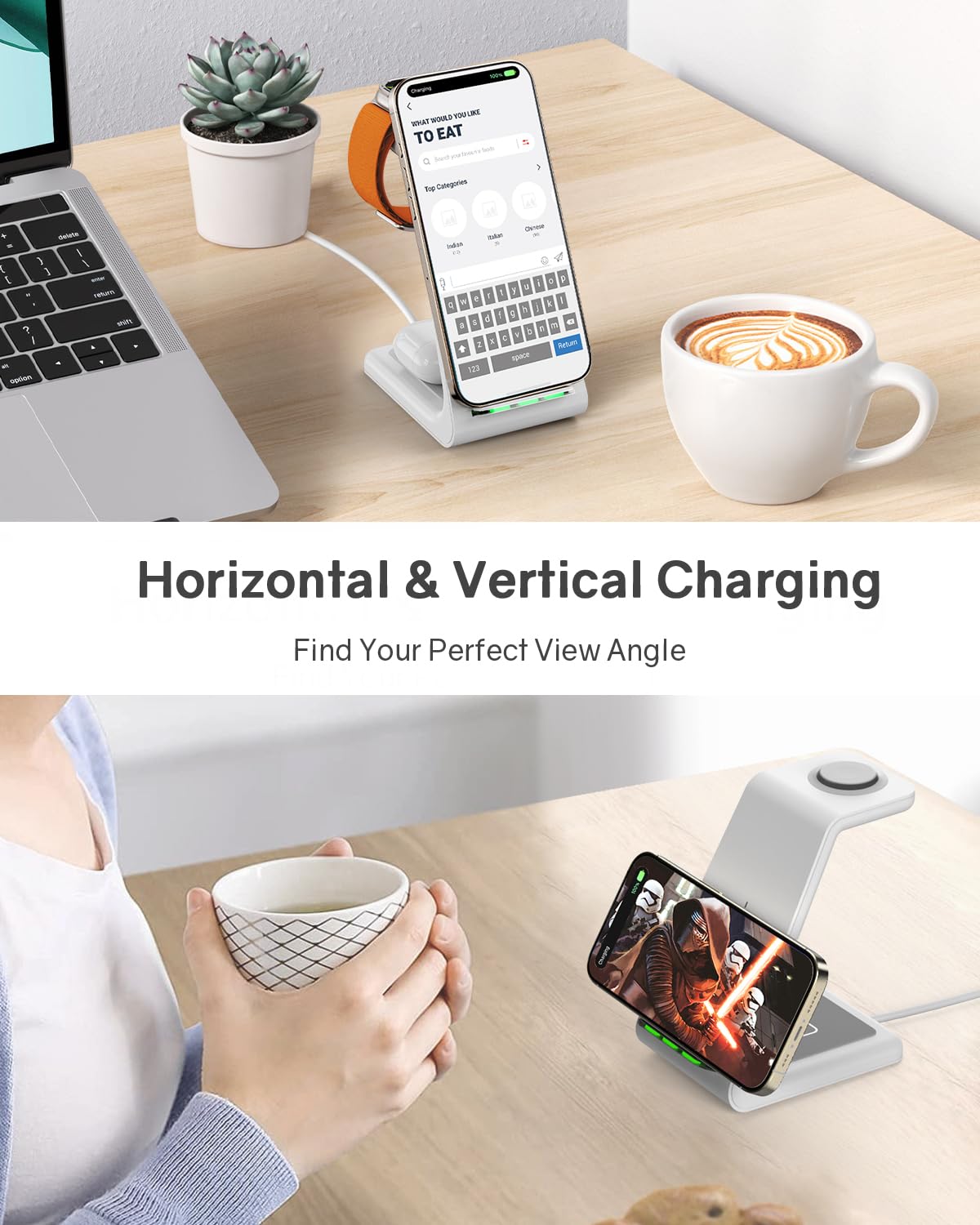 3-in-1 Wireless Charging Station for iPhone 16/15/14/13/12, Apple Watch 8/7/SE/6/5/4/3/2, AirPods Pro/3/2 & Samsung Phones - Fast Qi-Certified Charger Stand Dock for Bedside, Office & Travel
