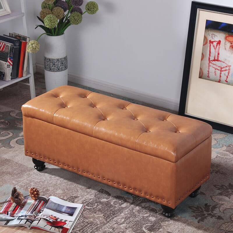 Water Resistant Stitch Tufted Upholstered Storage Ottoman with Nailhead Trim - Green/Peony/Butter Color, Modern Style with Legs - Perfect for Living Room, Bedroom & Home Office Organization