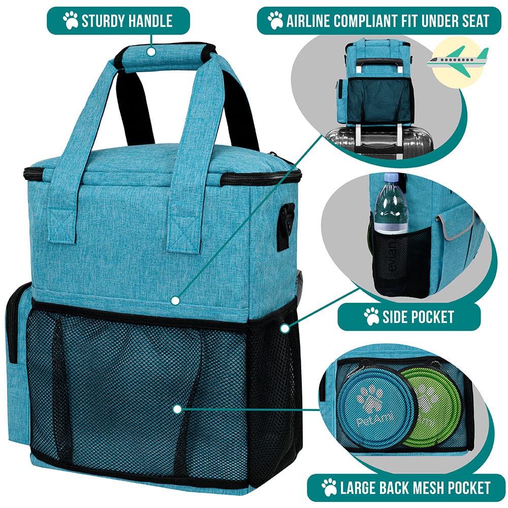 PetAmi Dog & Cat Travel Bag - Portable Pet Supplies Organizer for Travel, Camping & Weekend Trips - Includes 2 Food Storage Containers, 2 Collapsible Bowls & 1 Feeding Mat (Teal Blue) - Perfect for Road Trips, Hiking & Outdoor Adventures with Your Pet