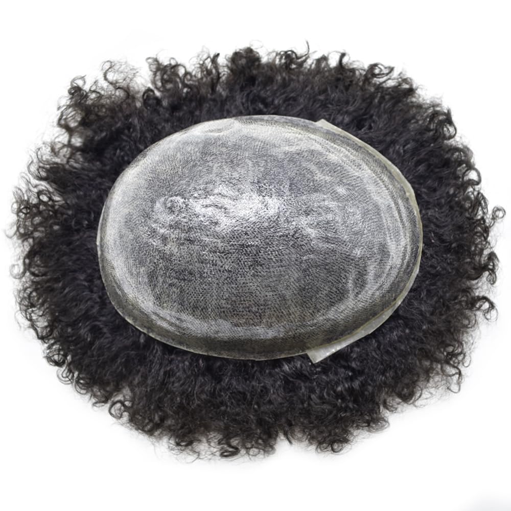 6mm Afro Wavy Human Hair Toupee for Black Men - Natural Looking Replacement System with Poly Thin Skin & PU Injection - African American Kinky Curly Hair Unit (Color 1B Off Black) - Perfect for Daily Wear, Cosplay, and Special Occasions