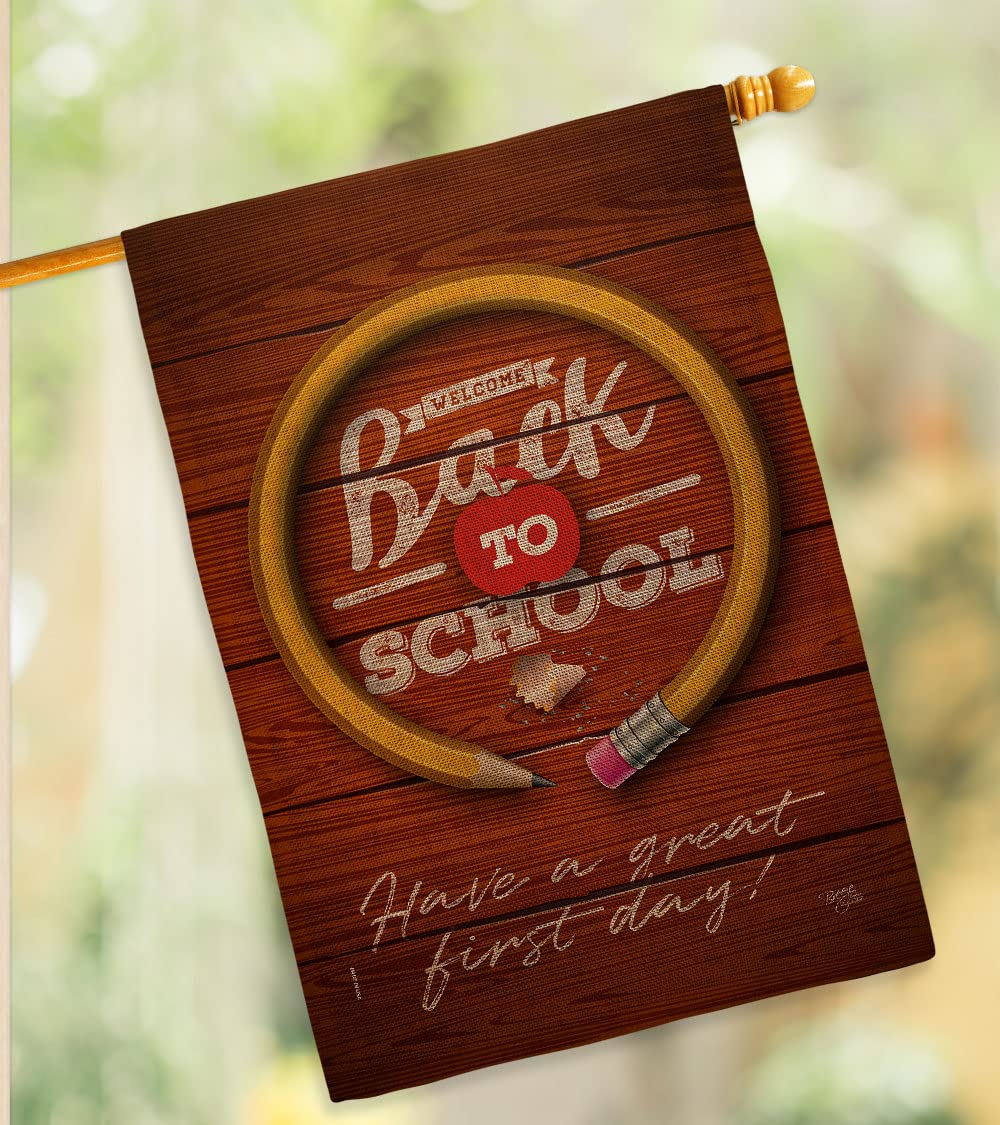 Breeze Decor First Day of School Burlap Garden House Flag - Double-Sided Back to School Banner for Teachers & Students | Classroom Decor, Yard Sign, Educational Gift | Made in USA | Perfect for School Open House, Teacher Appreciation & Classroom Celebrations