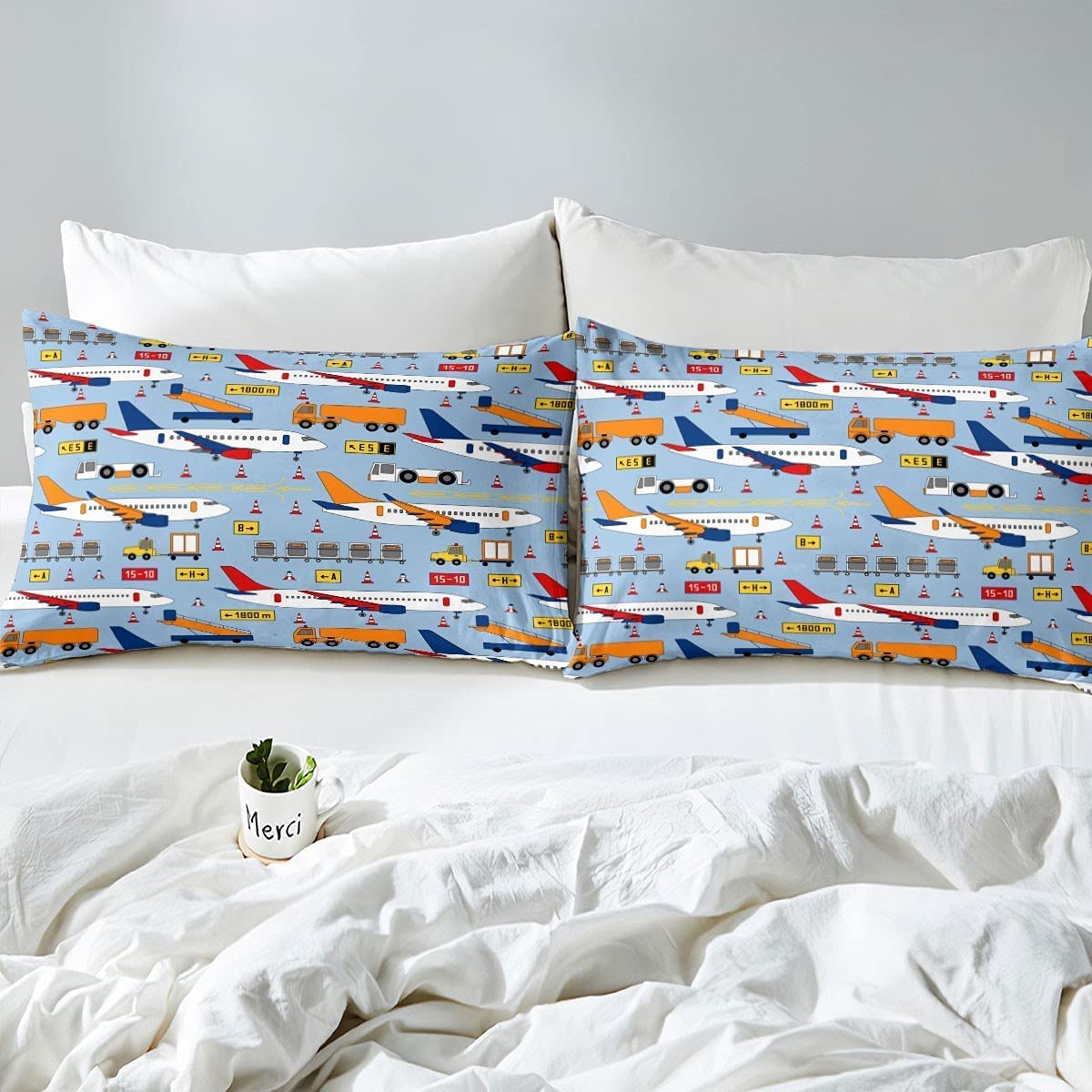 Kids Airplane Bedding Set - 4Pcs Queen Size Aircraft Themed Fitted Sheet with Cars & Traffic Lights Decor for Boys Room | Perfect for Aviation Lovers' Bedroom & Transportation Themed Nursery