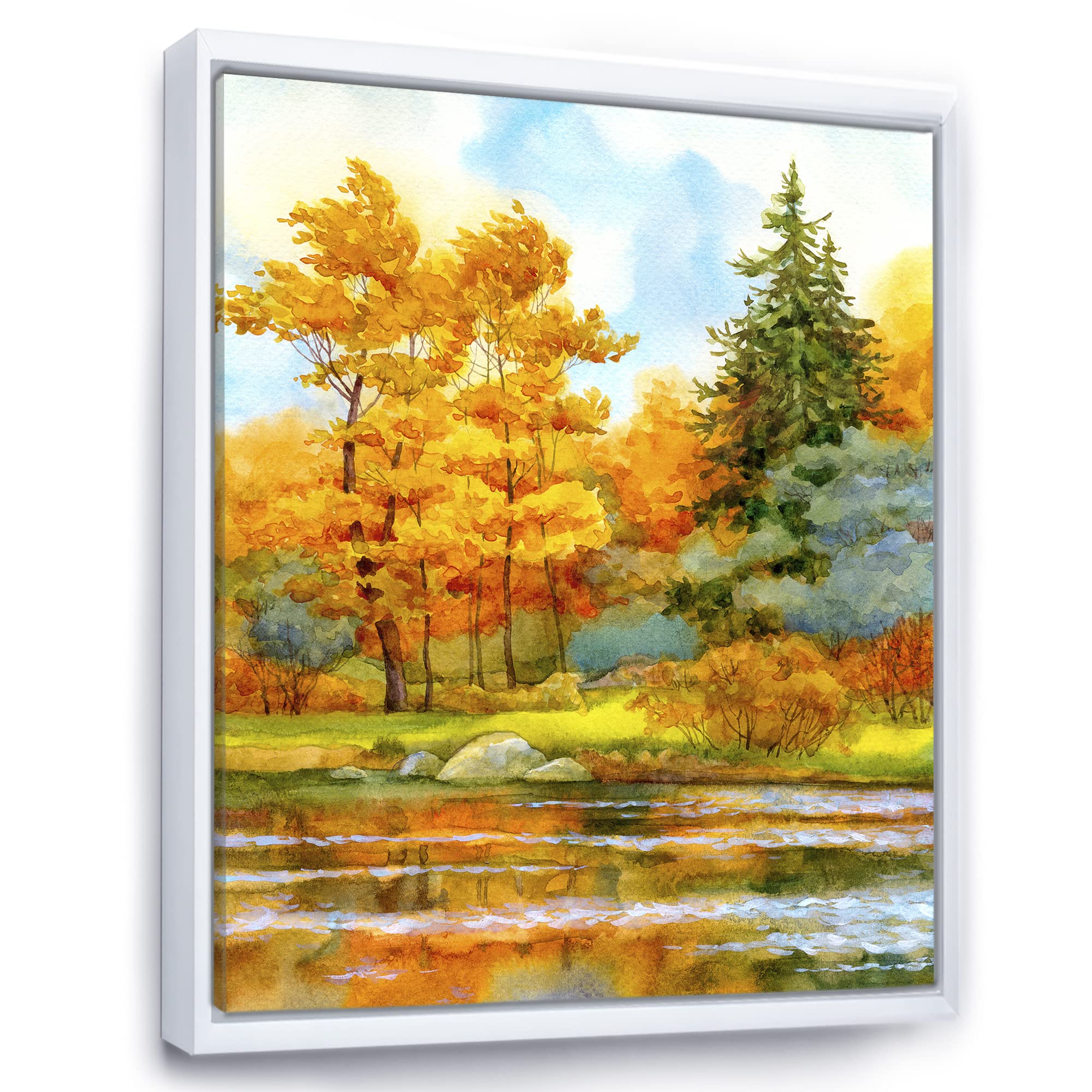 DesignQ Autumn Forest Lakeside Landscape - Framed Canvas Wall Art Print for Living Room, Bedroom & Office Decor