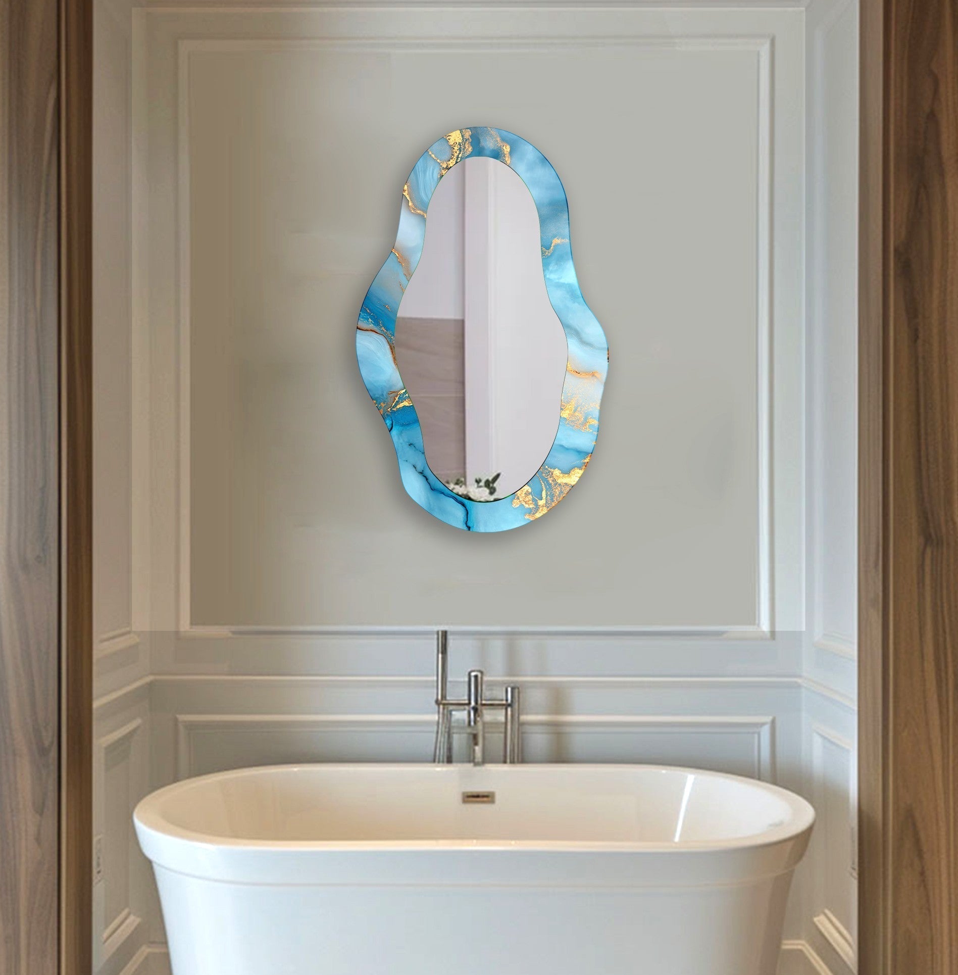 Abstract Blue Asymmetrical Wall Mirror - Modern Decorative Mirror for Living Room, Bedroom, or Entryway - Unique Home Decor Accent Piece
