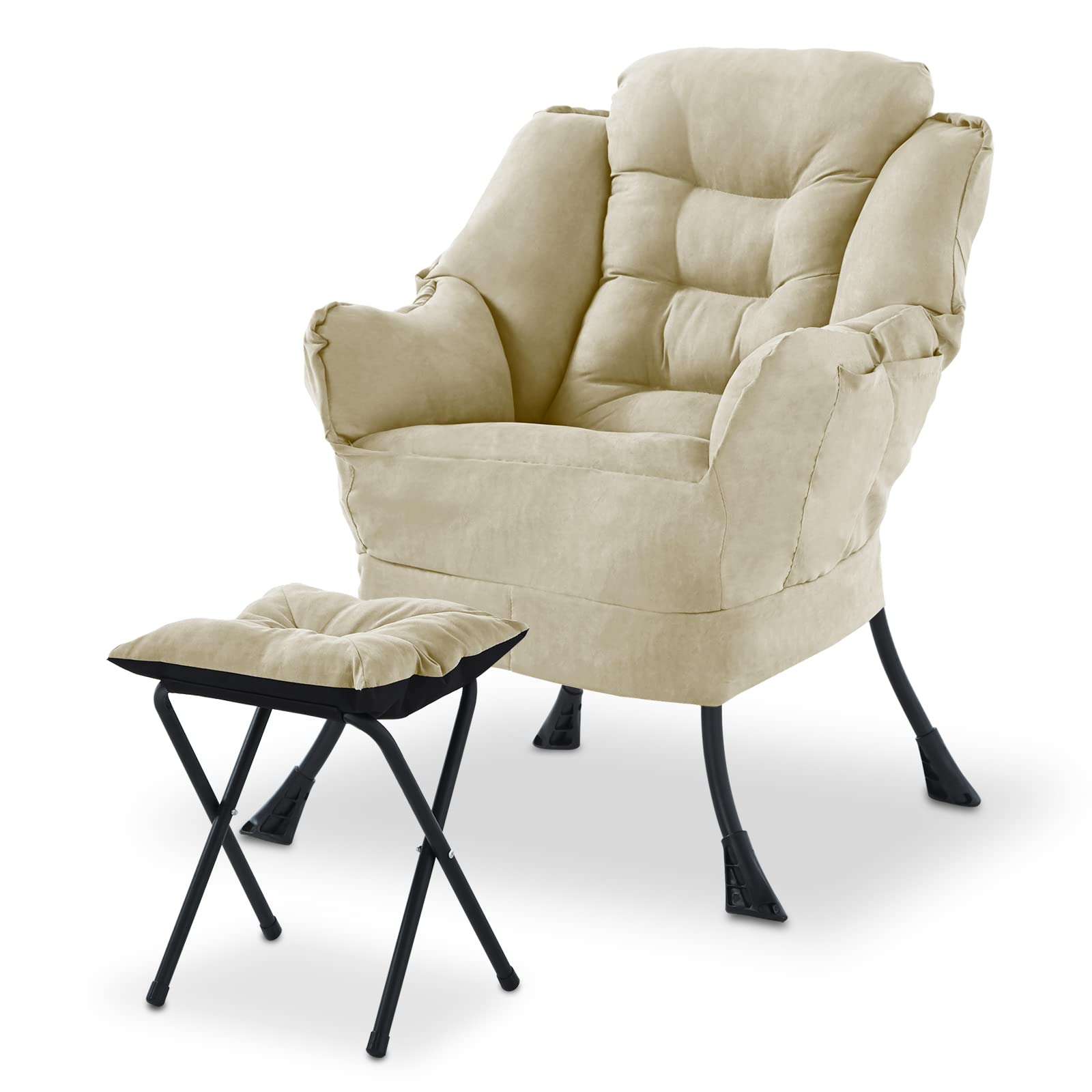 Comfortable Upholstered Lazy Chair with Ottoman & Side Pocket - Single Accent Sofa Chair for Living Room, Bedroom, Office (Beige) - Perfect for Relaxing, Reading & Napping