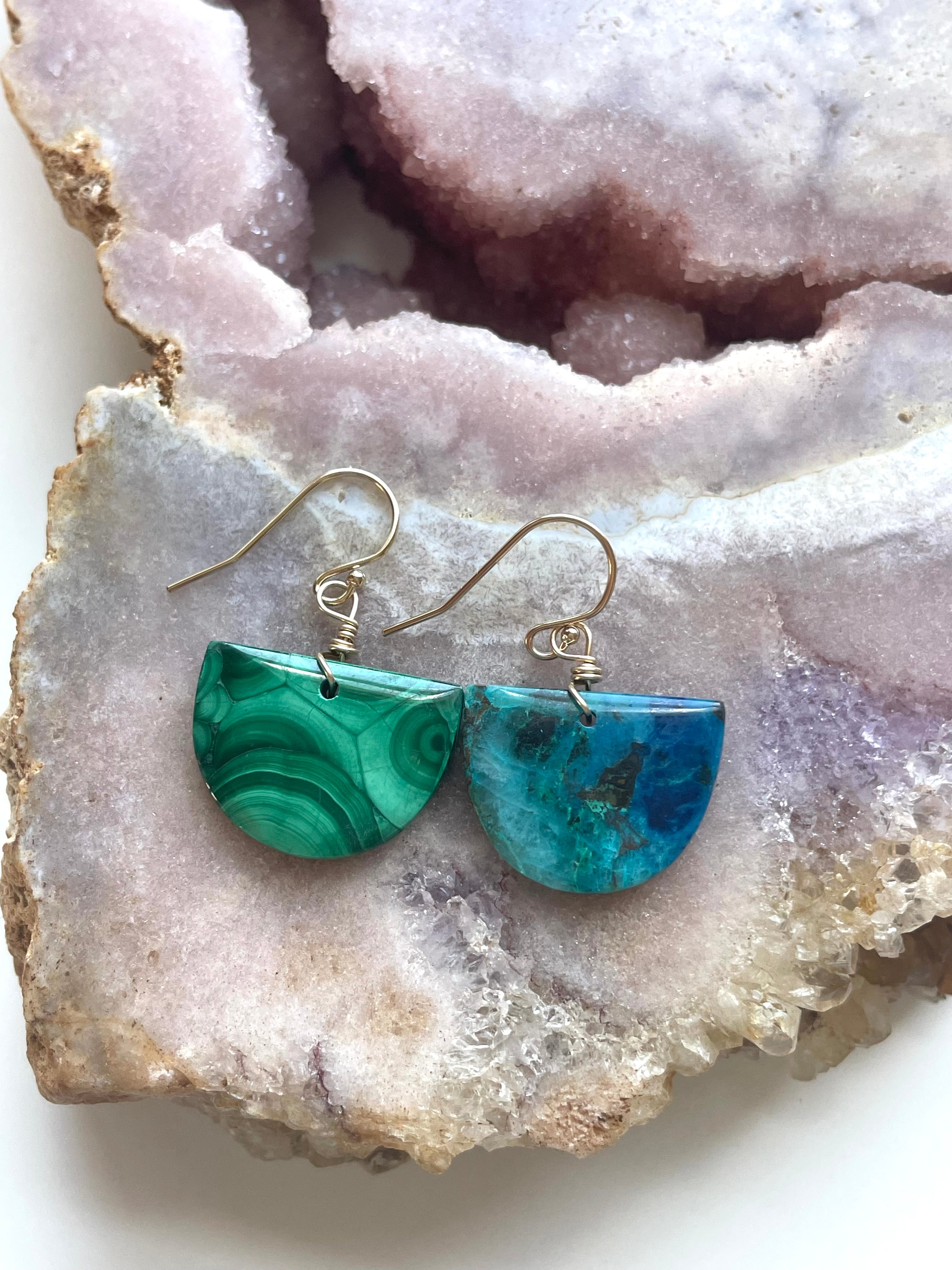 Unique Mismatched Earrings - Malachite & Chrysocolla Gemstone Dangle Earrings for Women | Boho Chic Jewelry for Parties, Weddings & Everyday Wear