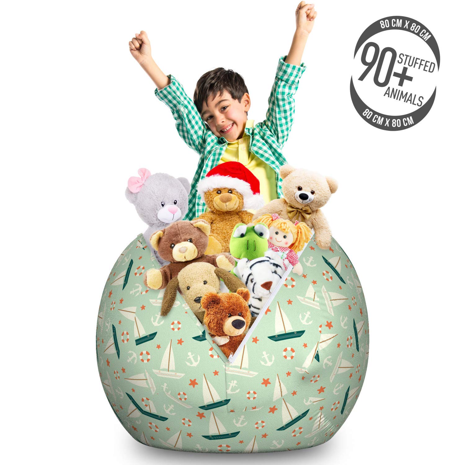 Ambesonne Nautical Toy Storage Bag Chair - Marine Themed Sailboat & Star Pattern, Large Washable Stuffed Animal Organizer in Mint Green & Salmon | Perfect for Kids' Room, Nursery, Playroom & Toy Organization
