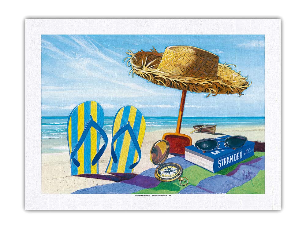Scott Westmoreland Original Beach Painting Print - 24x32in 100% Pure Silk Dupioni Fabric - Book, Straw Hat, Sunglasses, Beach Towel & Flip Flops - Perfect for Beach Vacations, Summer Decor & Coastal Home Styling
