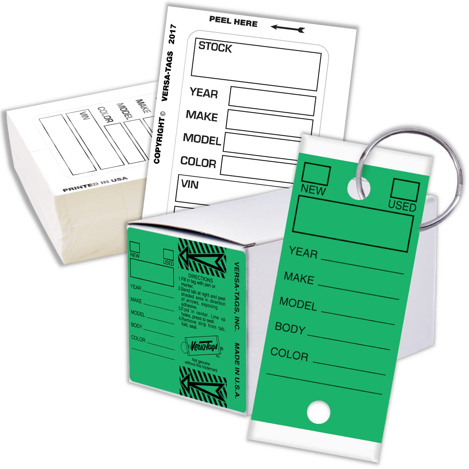 Versa-Tags Key & Inventory Management System - 250 Key Tags, 100 Kleer-Bak Window Stickers, 3-Piece Car Dealer Organization Set (White & Green) | Perfect for Auto Dealerships, Property Management & Retail Inventory Control