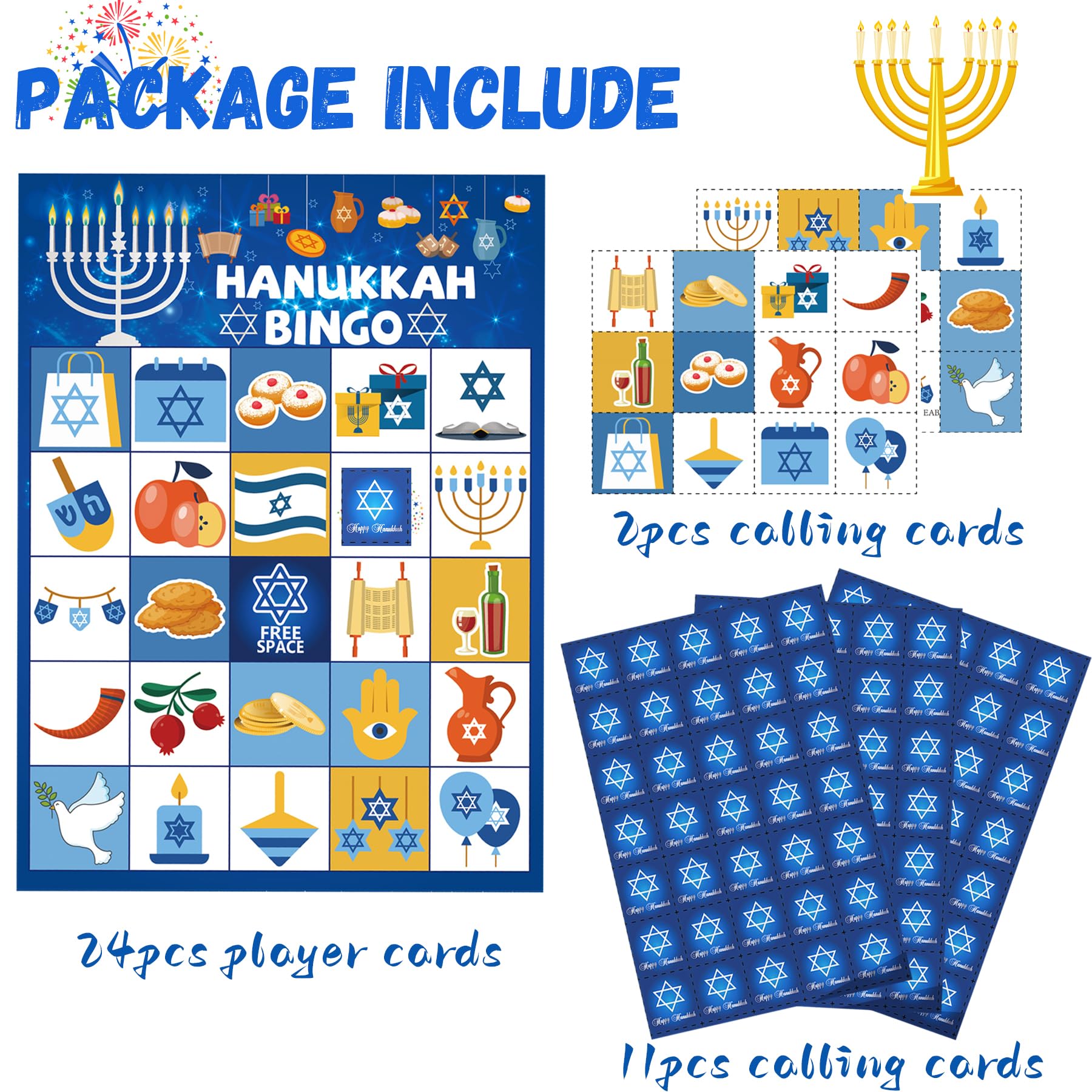 Hanukkah Bingo Game Set - Fun Chanukah Party Games for Kids & Adults with Menorah Bingo Cards (Up to 24 Players) - Perfect for Family Gatherings, Holiday Parties & Classroom Activities