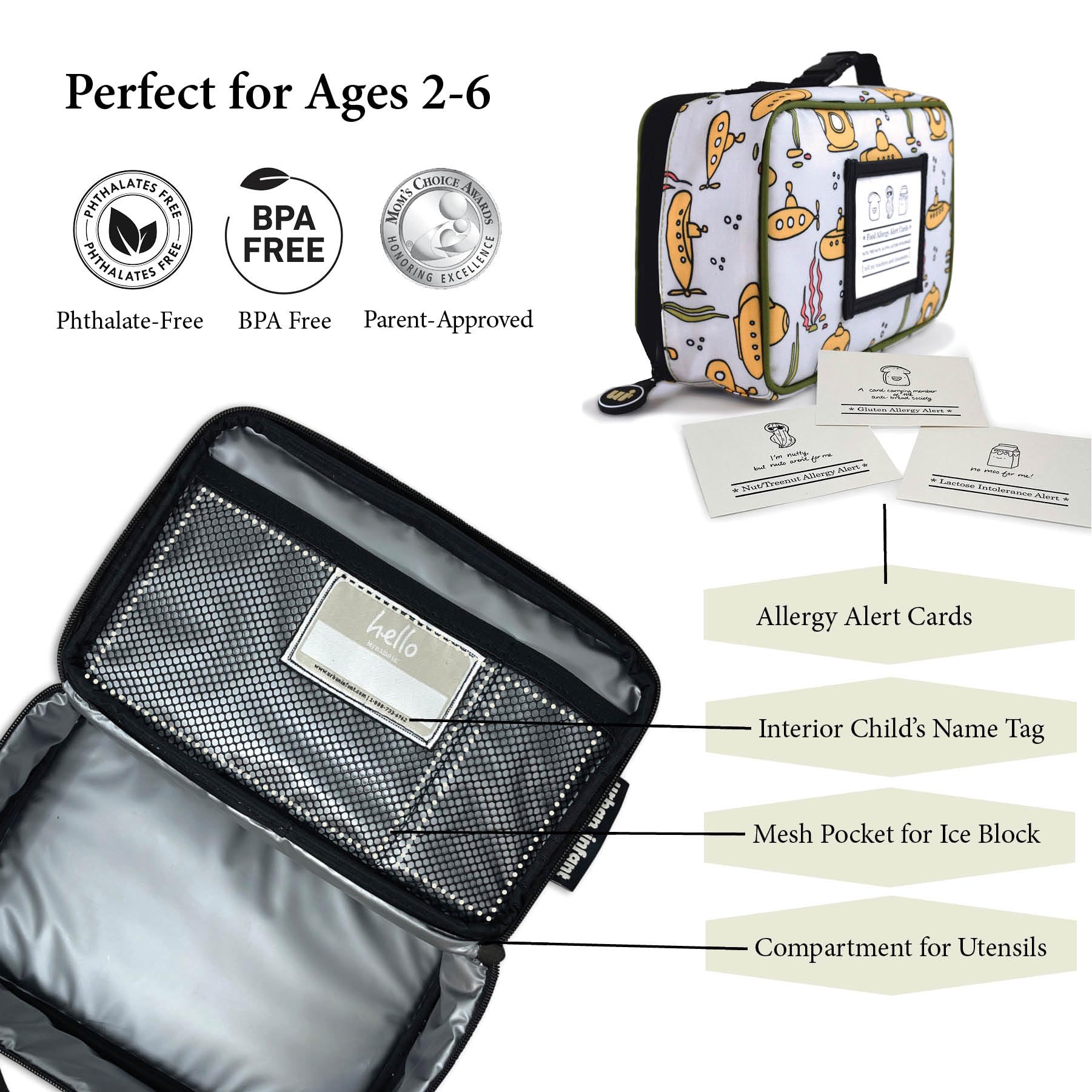 Urban Infant Yummie Insulated Lunch Box for Toddlers - Boys & Girls Insulated Food Bag for Daycare, Preschool & Travel - Includes Allergy Alert Cards - Fits Bento Boxes - Cute Bear Design - Perfect for School Snacks, Picnics & On-the-Go Meals