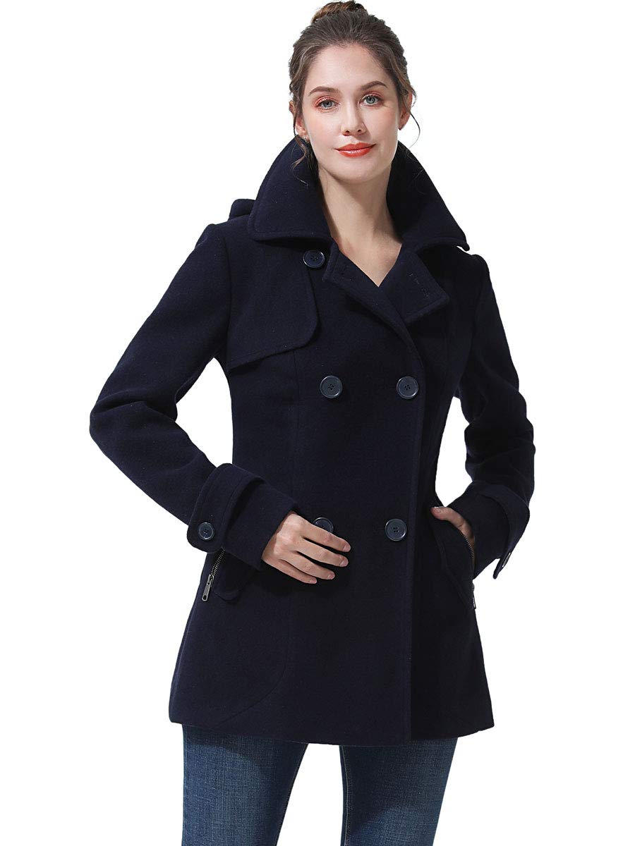 BGSD Women's Luz Hooded Wool Pea Coat - Winter Warm Trench Coat (Regular, Plus Size & Petite) | Classic Outerwear for Work, Dating & Holiday Events