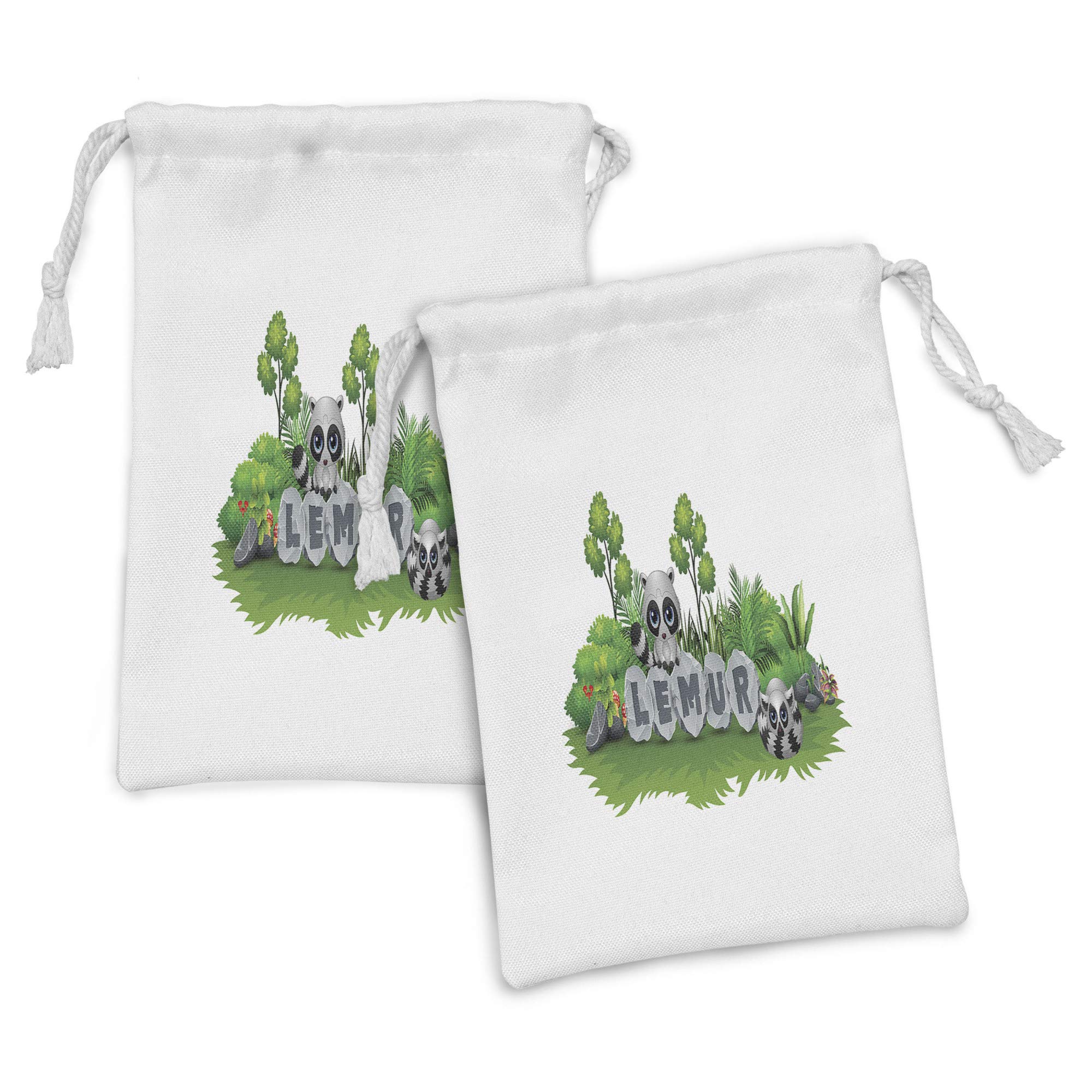 Ambesonne Lemur Fabric Pouch Set of 2 - Ring Tailed Madagascar Animal Forest Design Drawstring Bags for Toiletries, Masks & Party Favors (9